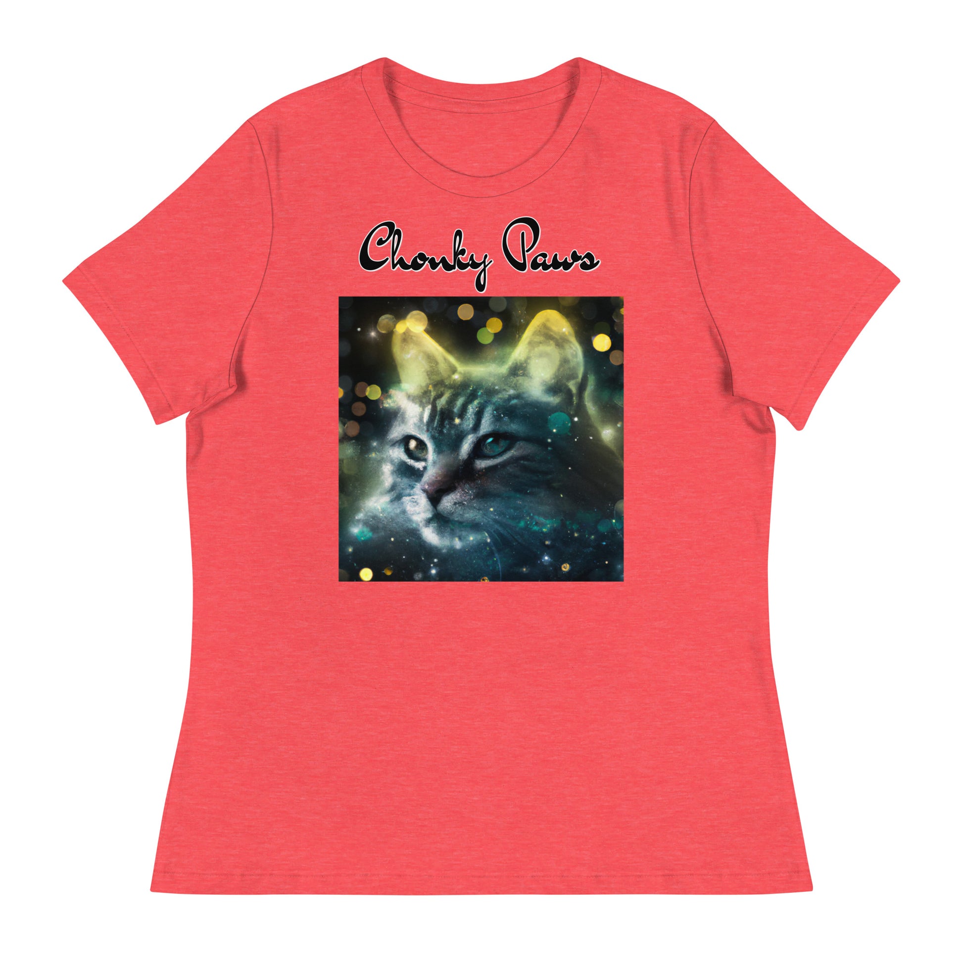 Women's T-Shirt with Green Space Cat with a text "Chonky Paws" at $25.97 found at Personalizedpetlovergifts