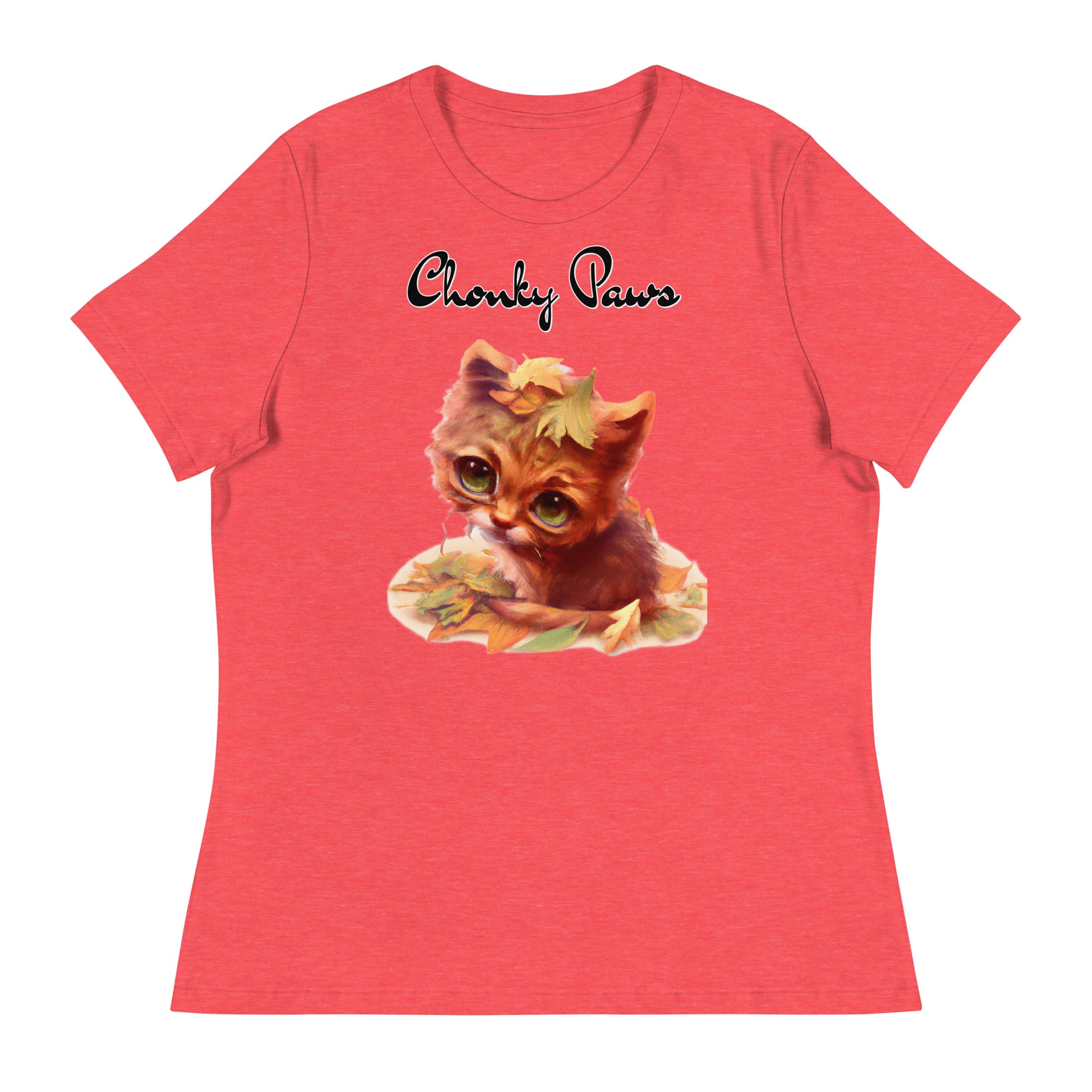 Women's T-Shirt with Ginger Cat With Autumn Leaves with a text "Chonky Paws" at $25.97 found at Personalizedpetlovergifts