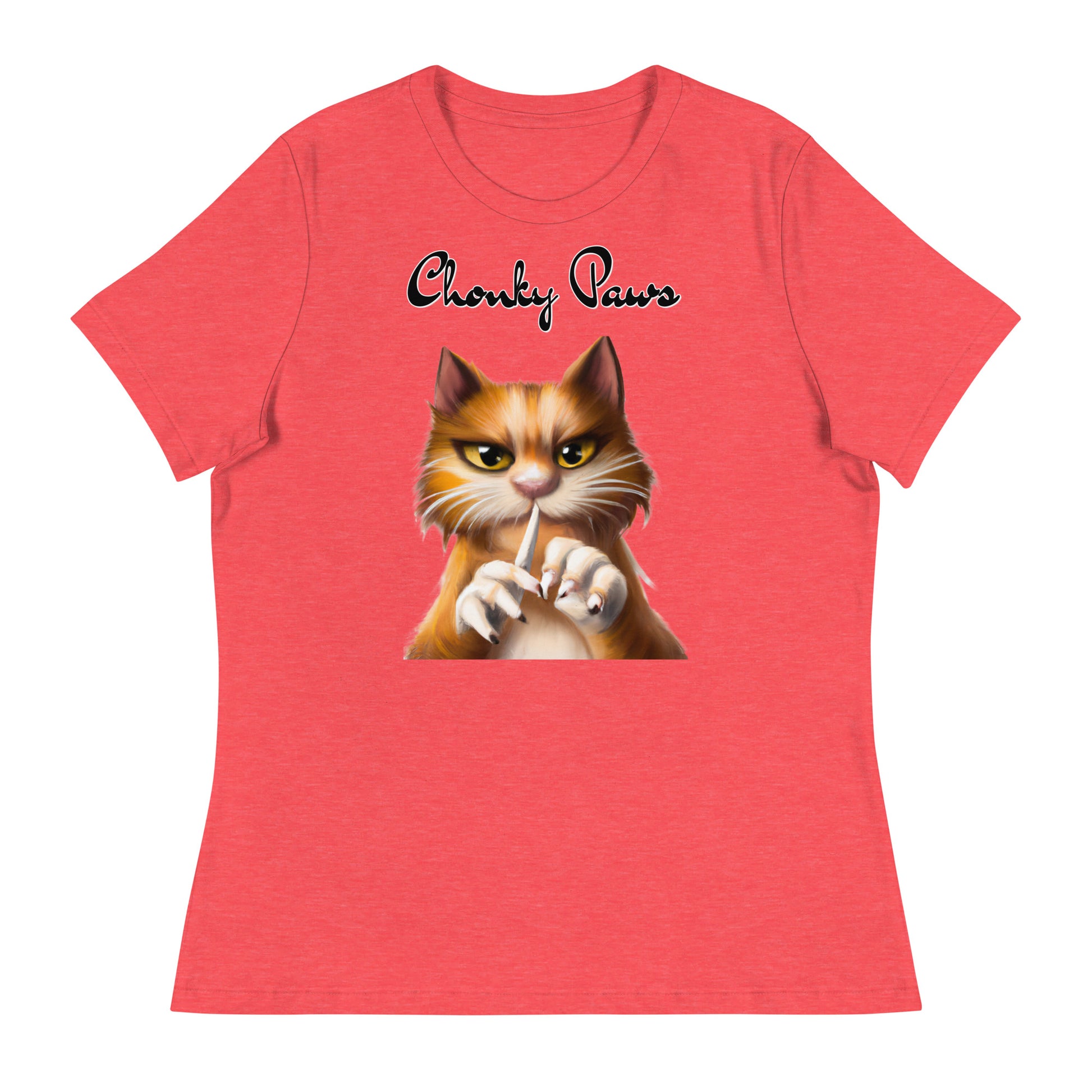 Women's T-Shirt with Ginger Cat Filing Its Nails with a text "Chonky Paws" at $25.97 found at Personalizedpetlovergifts