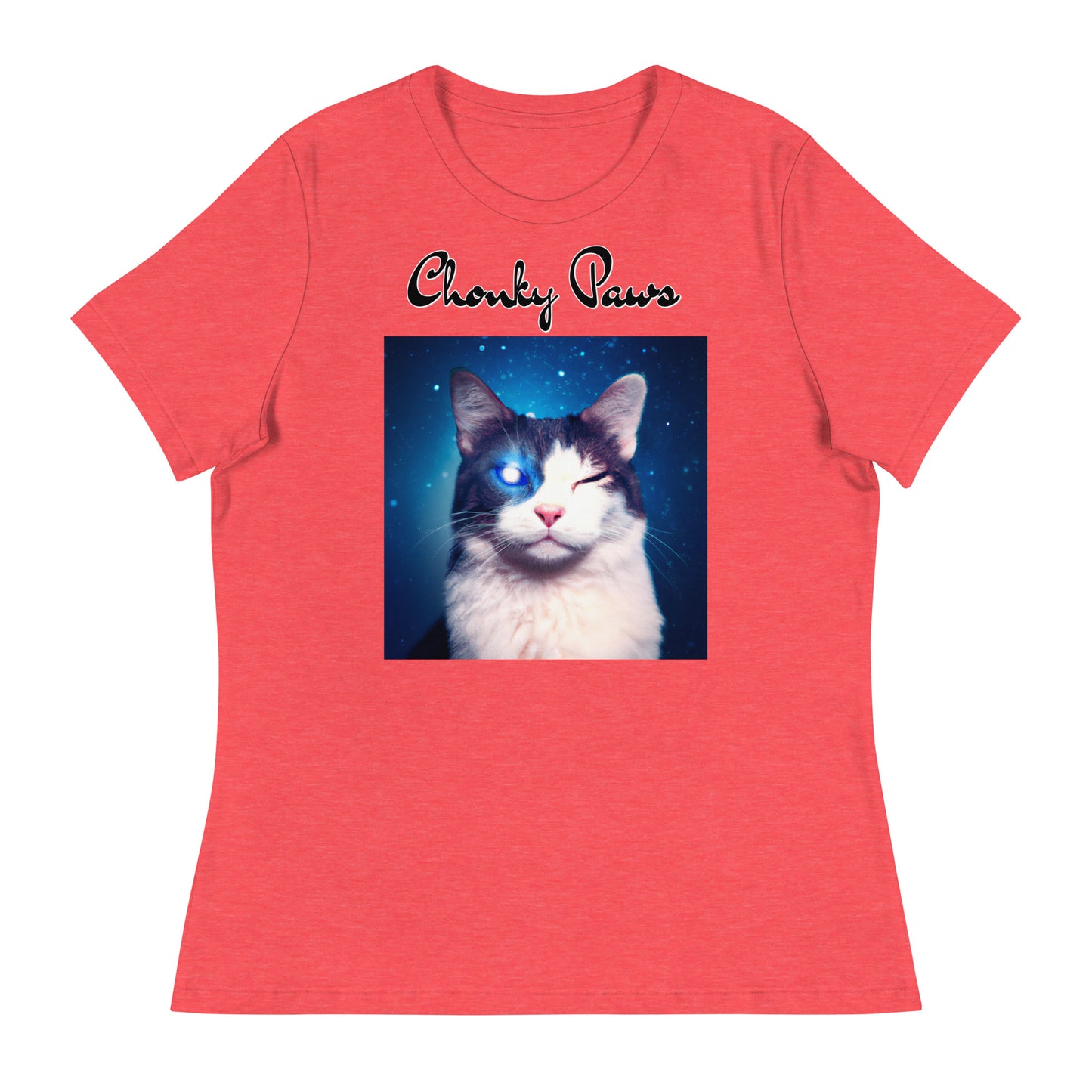 Women's T-Shirt with Galaxy Eyed Cat with a text "Chonky Paws" at $25.97 found at Personalizedpetlovergifts