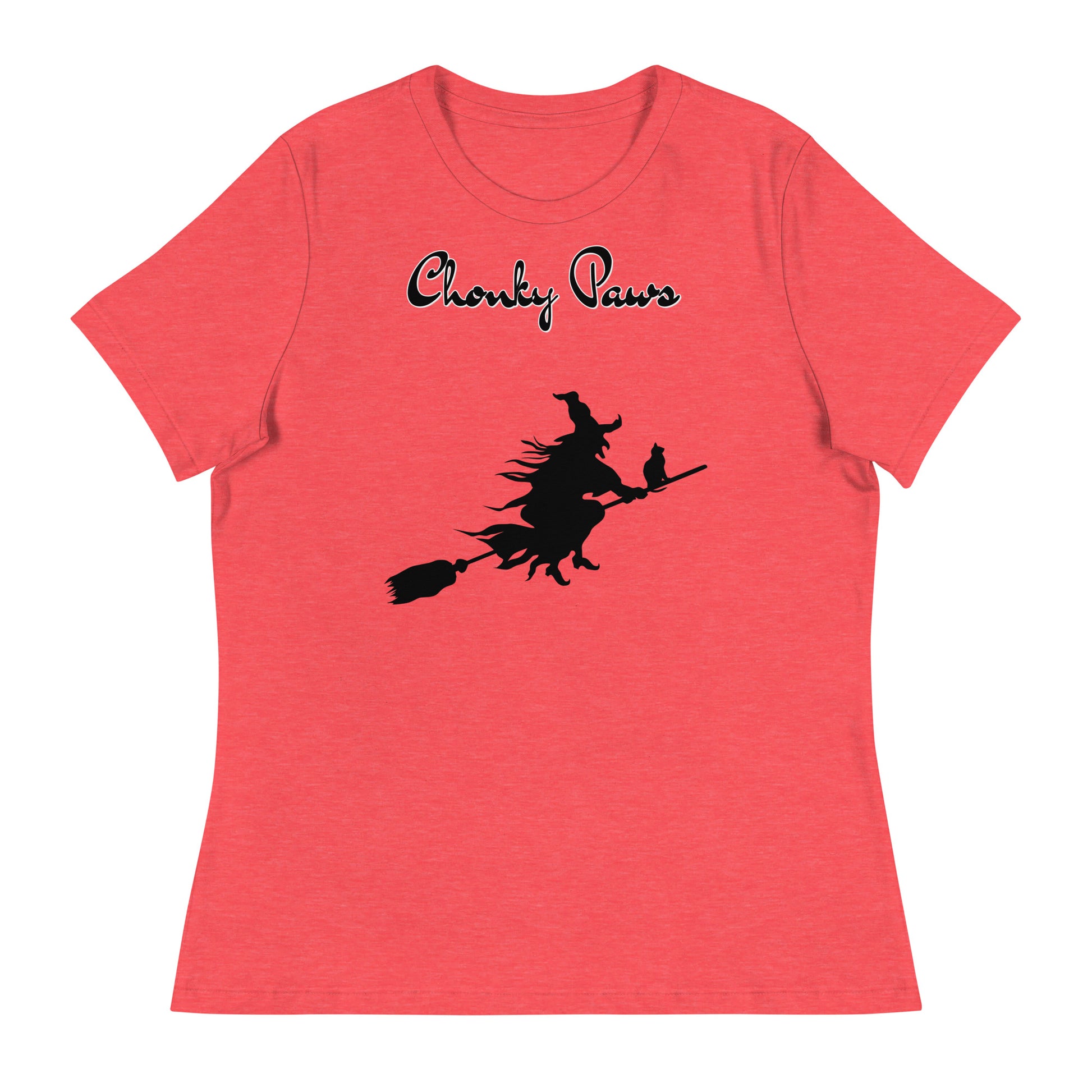 Women's T-Shirt with Flying Witch With Cat On a Broom with a text "Chonky Paws" at $25.97 found at Personalizedpetlovergifts