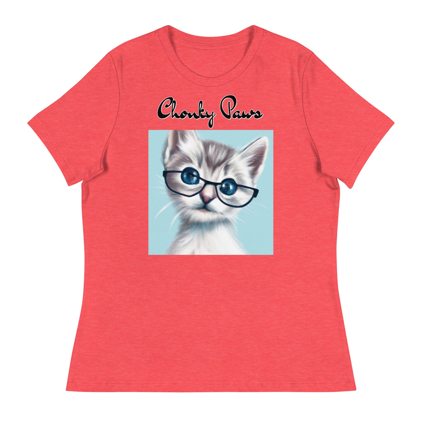 Women's T-Shirt with Fluffy Kitten With Glasses with a text "Chonky Paws" at $25.97 found at Personalizedpetlovergifts