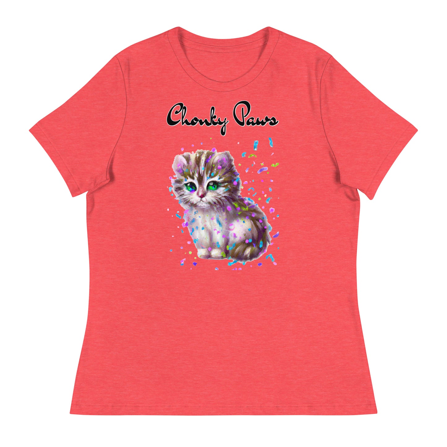 Women's T-Shirt with Fluffy Kitten With Confetti with a text "Chonky Paws" at $25.97 found at Personalizedpetlovergifts