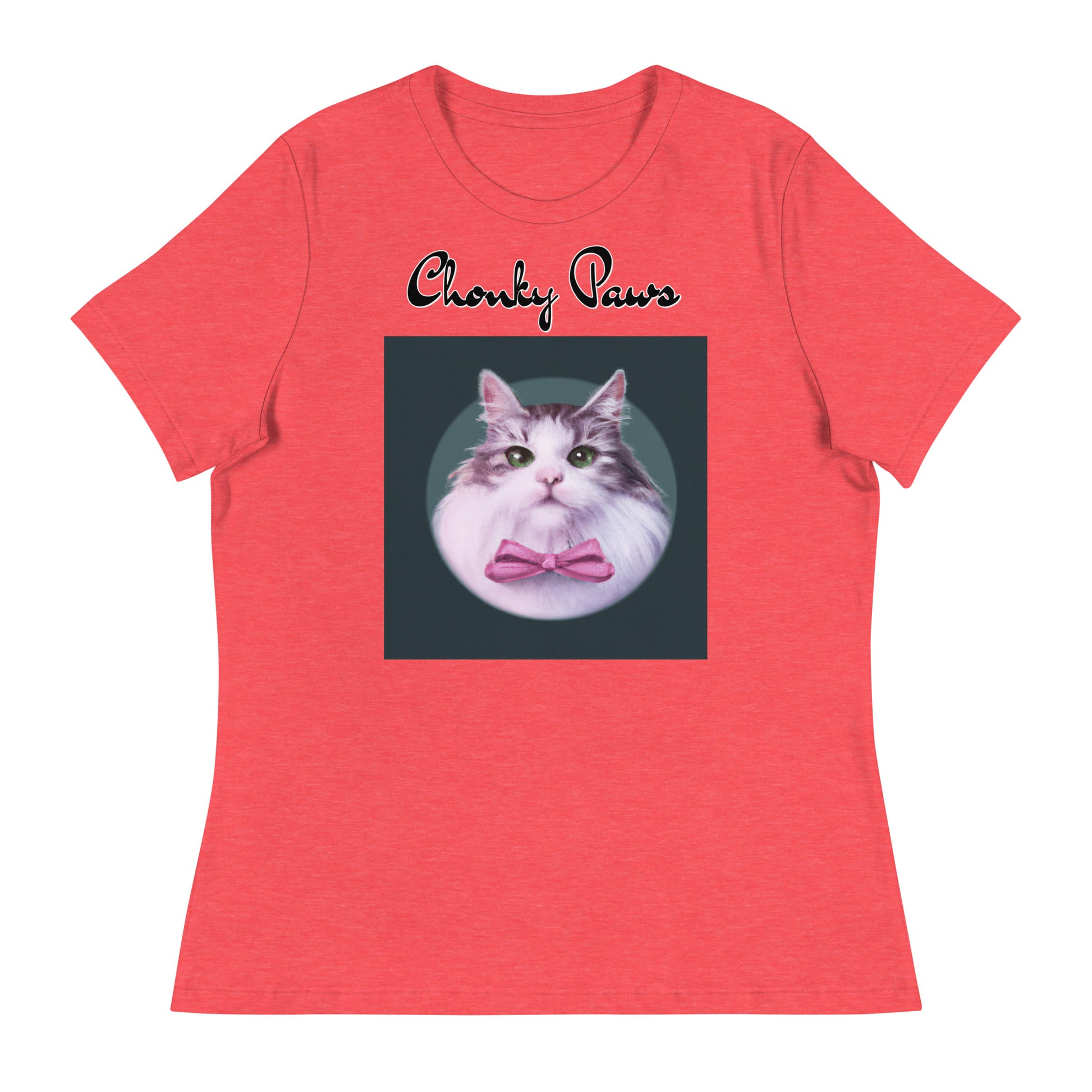 Women's T-Shirt with Fluffy Kitten With a Pink Bow with a text "Chonky Paws" at $25.97 found at Personalizedpetlovergifts