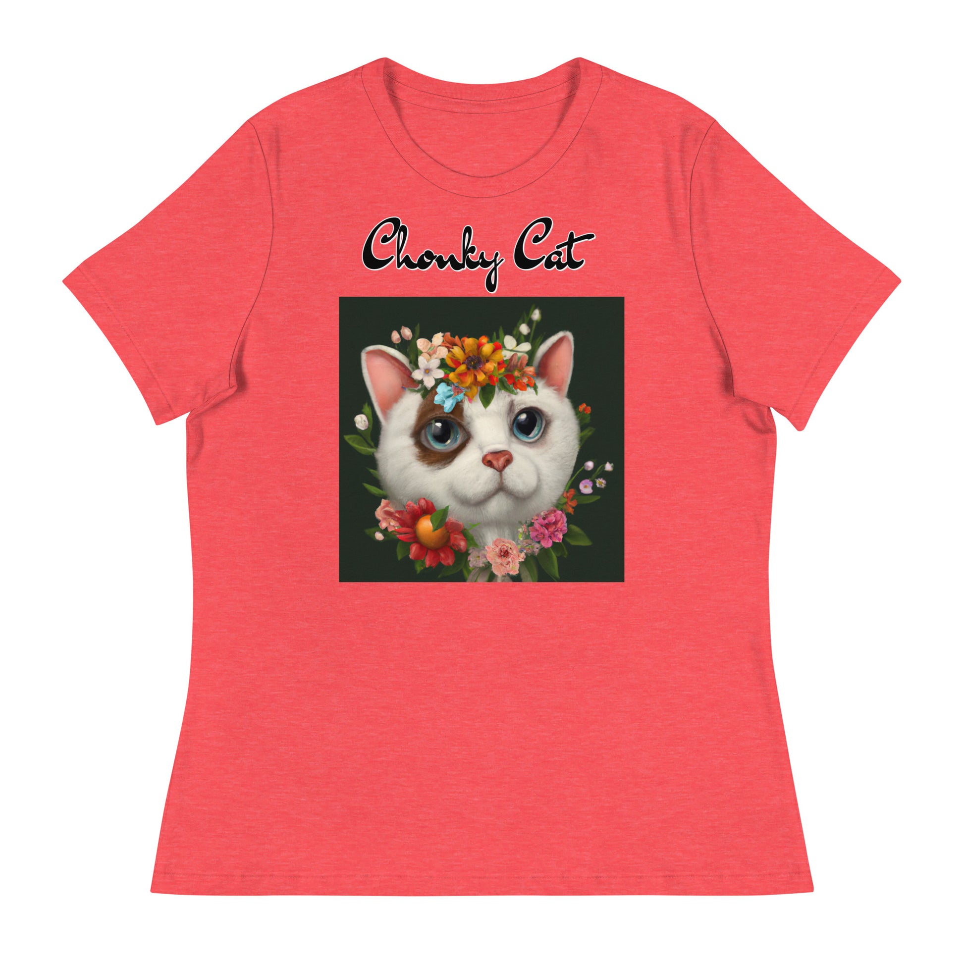 Women's T-Shirt with Happy Cat Portrait With Flowers with a text "Chonky Cat" at $25.97 found at Personalizedpetlovergifts