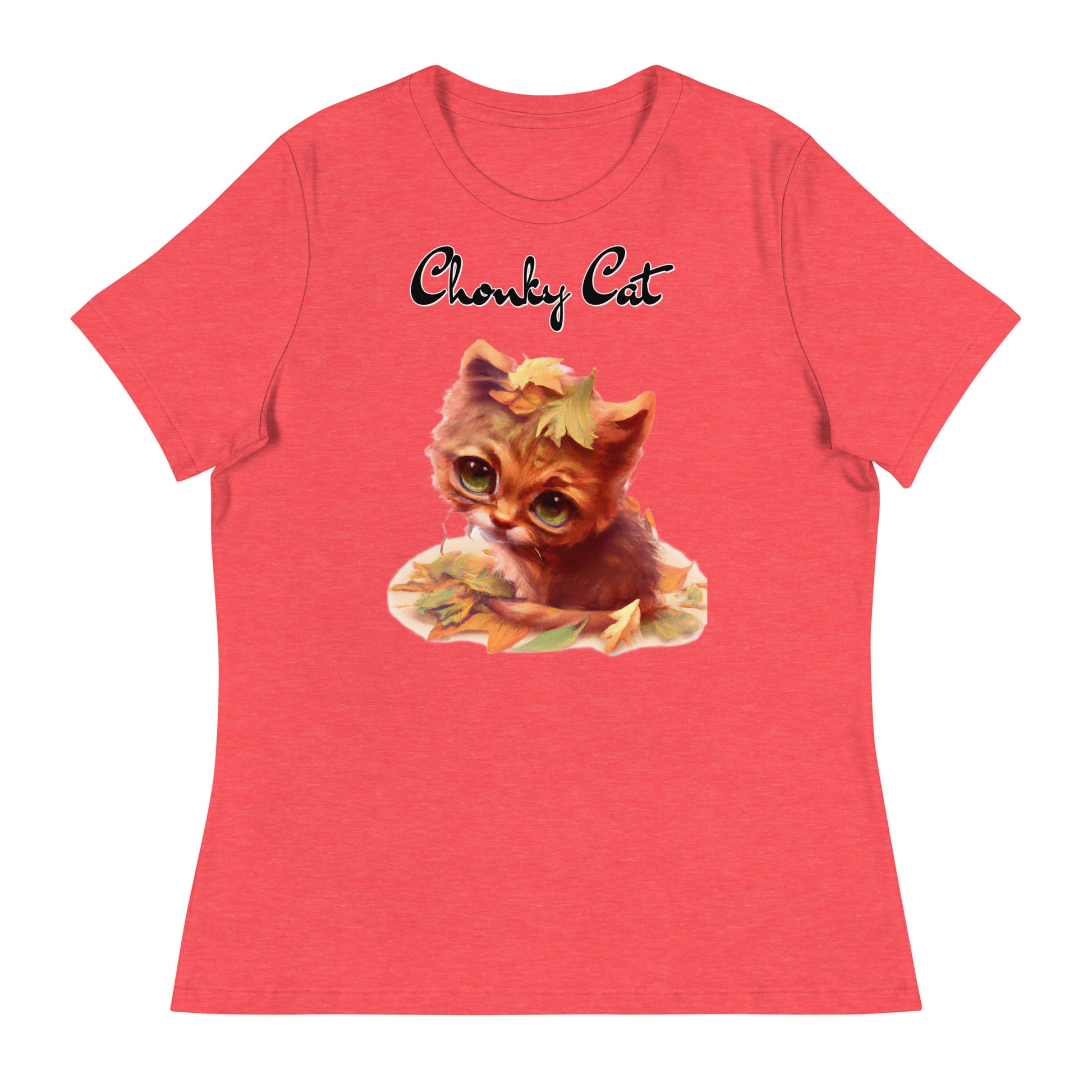 Women's T-Shirt with Ginger Cat With Autumn Leaves with a text "Chonky Cat" at $25.97 found at Personalizedpetlovergifts