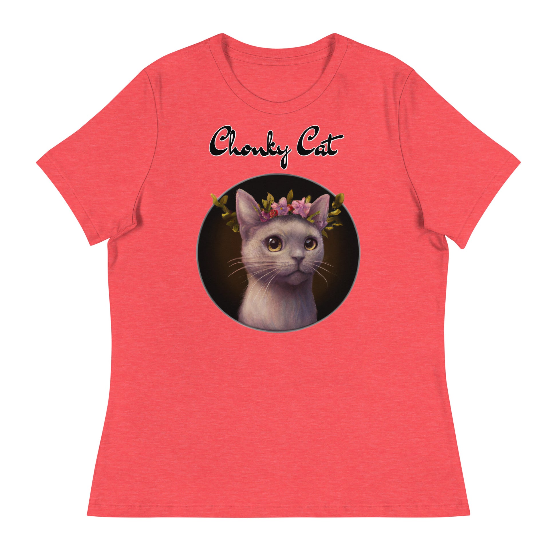 Women's T-Shirt with Gentle Cat With Pink Floral Headpiece with a text "Chonky Cat" at $25.97 found at Personalizedpetlovergifts