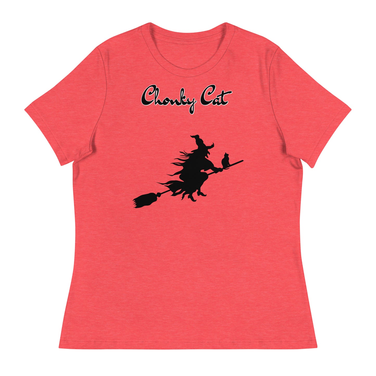 Women's T-Shirt with Flying Witch With Cat On a Broom with a text "Chonky Cat" at $25.97 found at Personalizedpetlovergifts