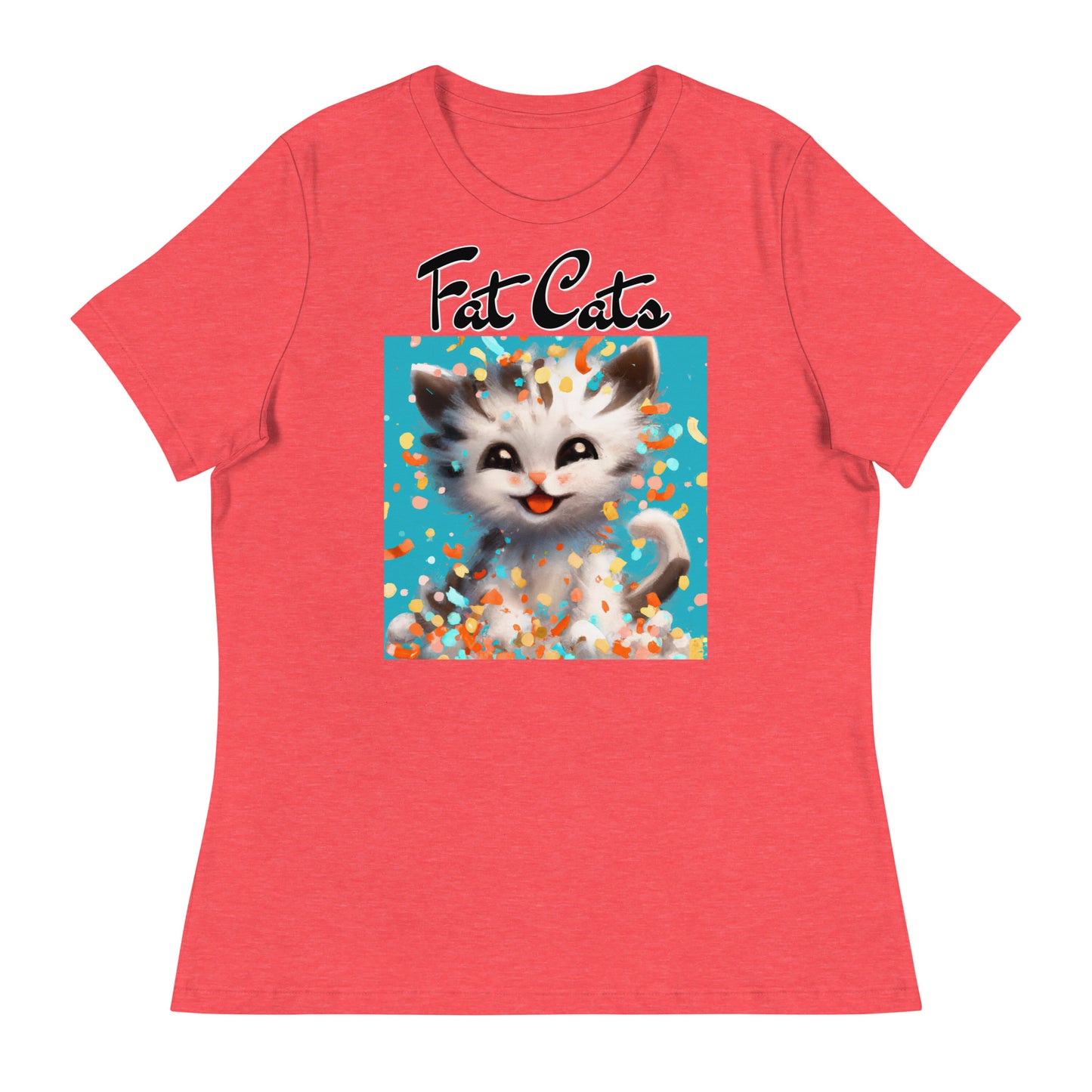 Women's T-Shirt with Happy Kitten With Confetti with a text "Fat Cats" at $25.97 found at Personalizedpetlovergifts