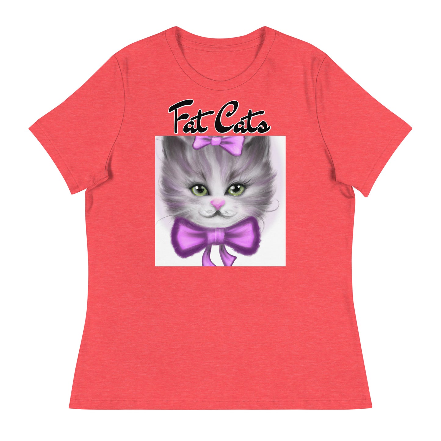 Women's T-Shirt with Happy Kitten With a Purple Bow with a text "Fat Cats" at $25.97 found at Personalizedpetlovergifts