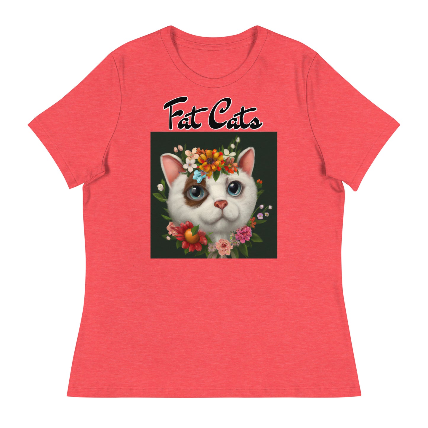 Women's T-Shirt with Happy Cat Portrait With Flowers with a text "Fat Cats" at $25.97 found at Personalizedpetlovergifts