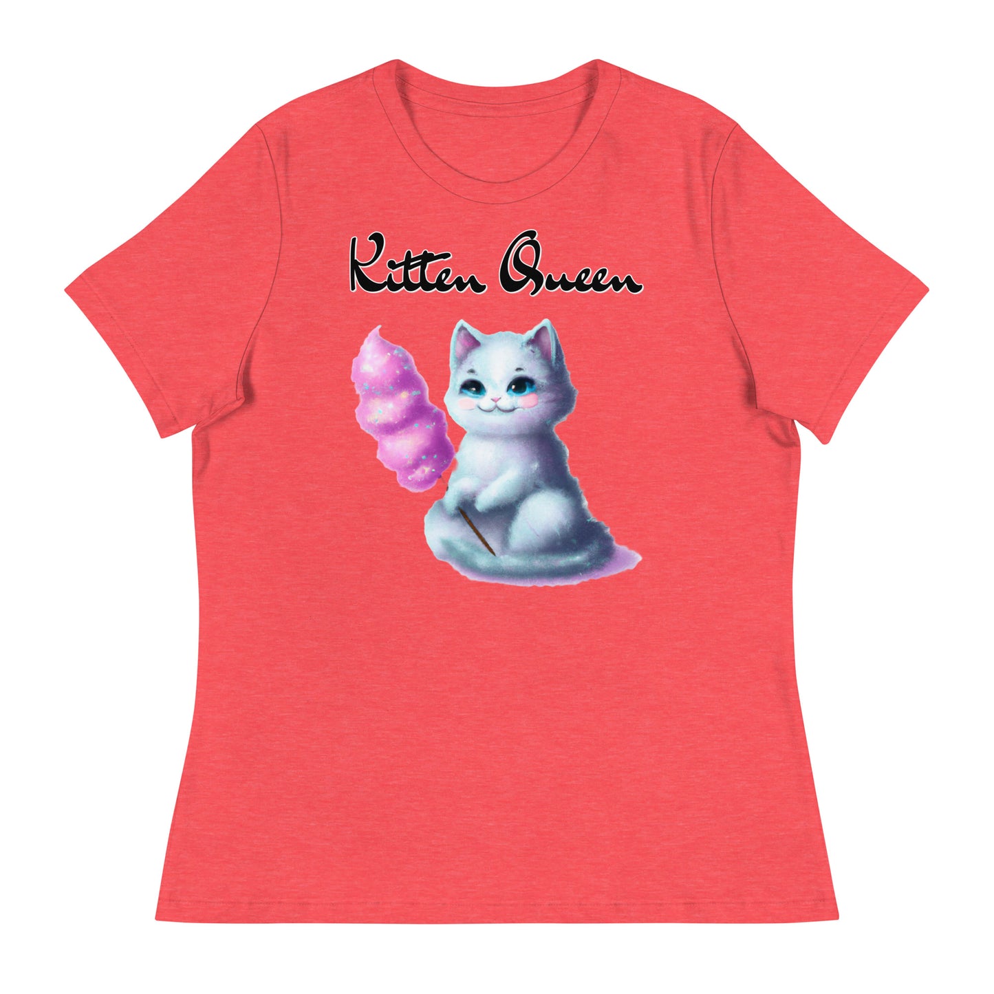 Women's T-Shirt with Kitten Holding A Cotton Candy with a text "Kitten Queen" at $25.97 found at Personalizedpetlovergifts