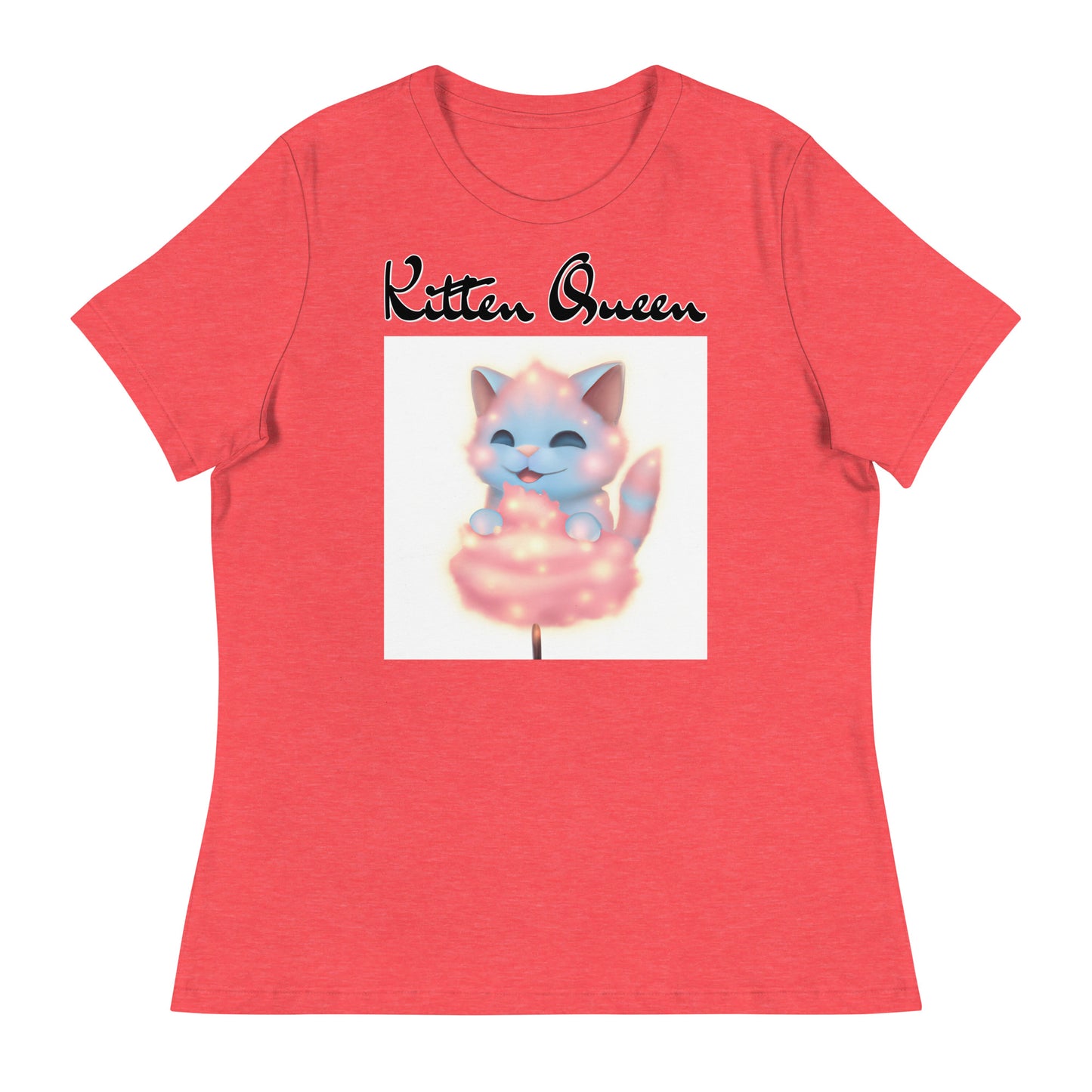 Women's T-Shirt with Kitten Enjoying a Cotton Candy with a text "Kitten Queen" at $25.97 found at Personalizedpetlovergifts