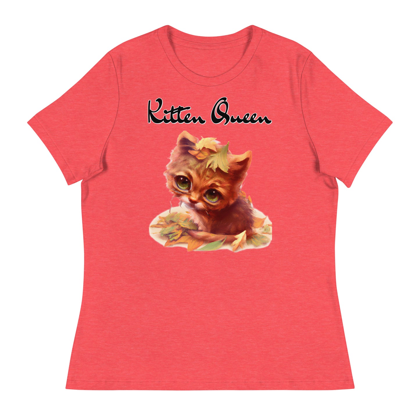 Women's T-Shirt with Ginger Cat With Autumn Leaves with a text "Kitten Queen" at $25.97 found at Personalizedpetlovergifts