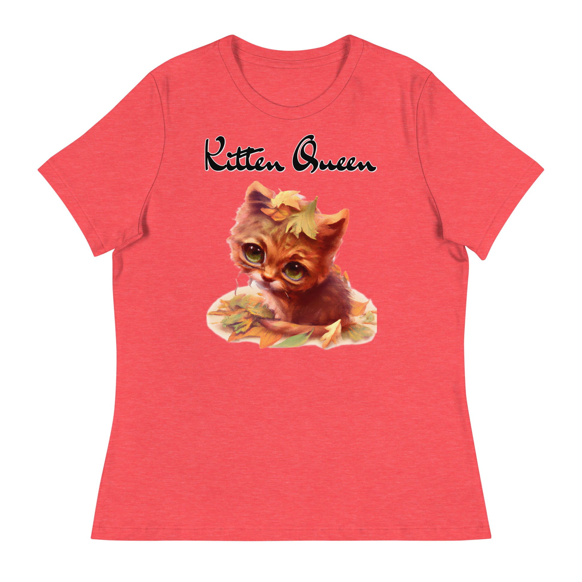 Women's T-Shirt with Ginger Cat With Autumn Leaves with a text "Kitten Queen" at $25.97 found at Personalizedpetlovergifts