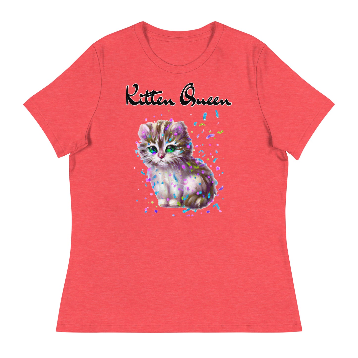 Women's T-Shirt with Fluffy Kitten With Confetti with a text "Kitten Queen" at $25.97 found at Personalizedpetlovergifts