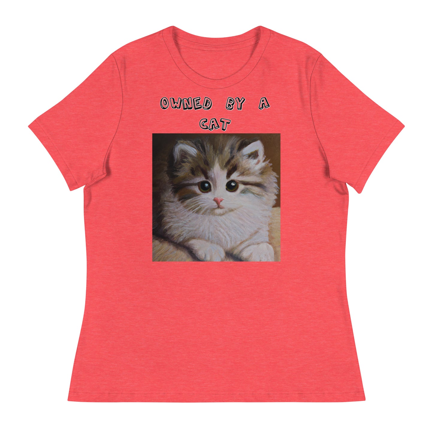 Women's White T-Shirt with Small Fluffy Kitten Painting with a text "Owned by a Cat" at $25.97 found at Personalizedpetlovergifts