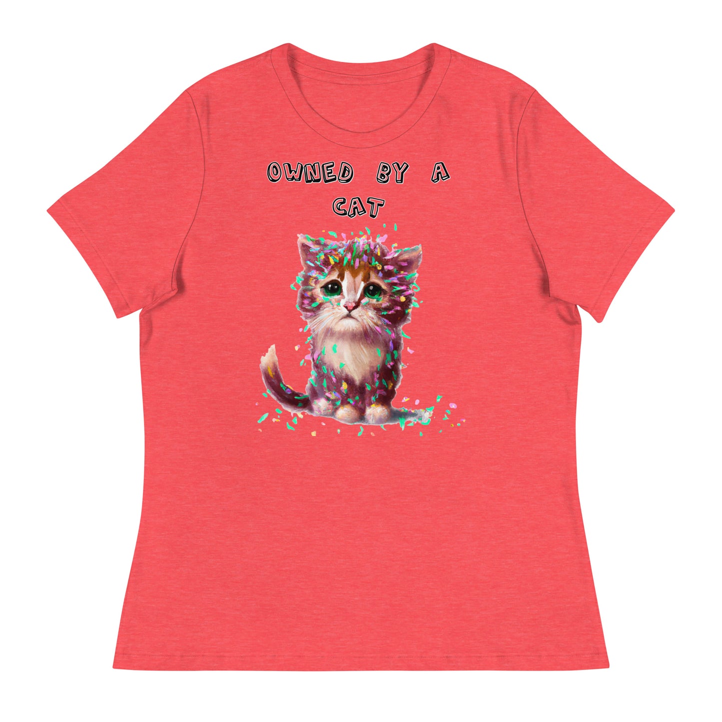 Women's White T-Shirt with Sad Kitten Covered In Confetti with a text "Owned by a Cat" at $25.97 found at Personalizedpetlovergifts