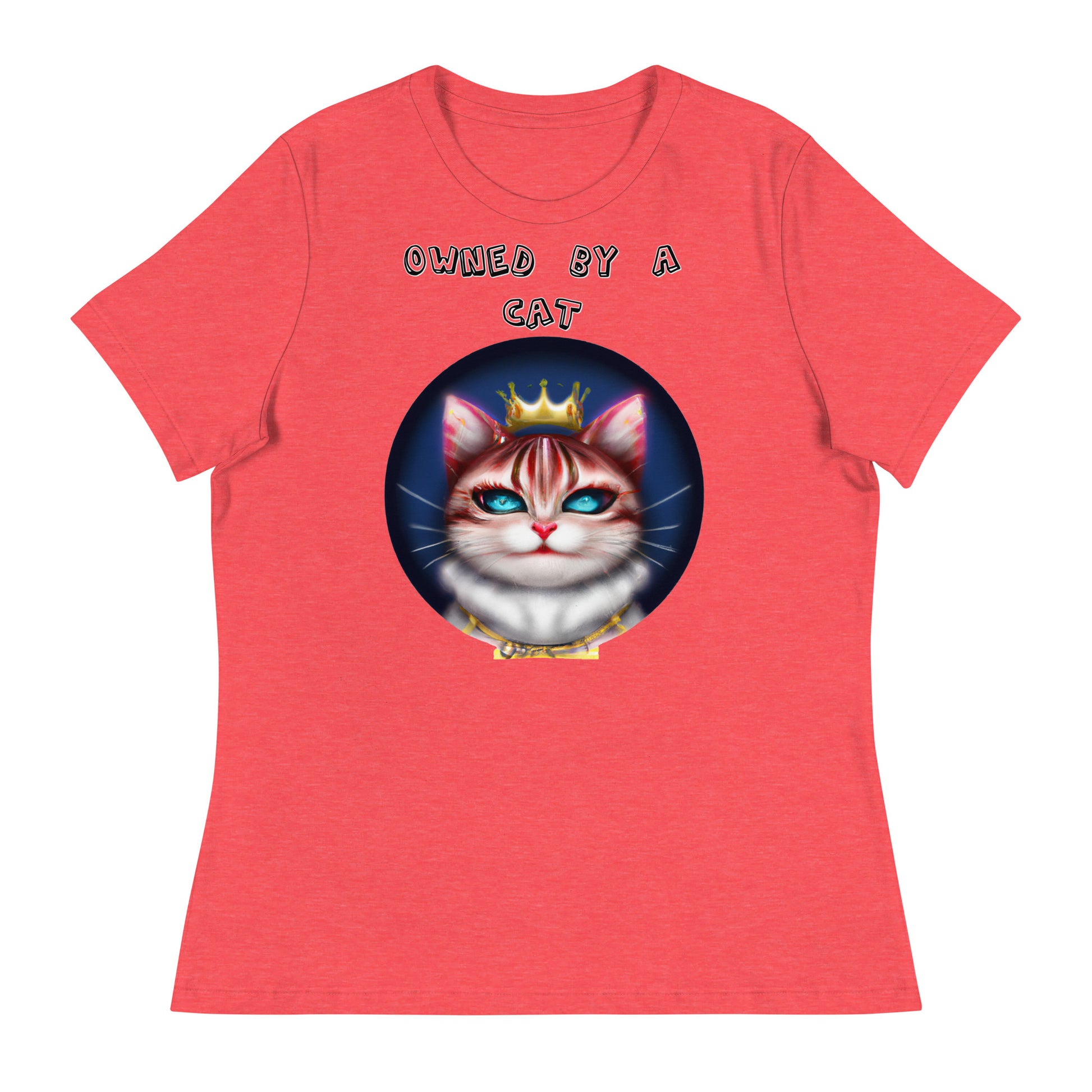 Women's White T-Shirt with Queen Kitten In a Circle with a text "Owned by a Cat" at $25.97 found at Personalizedpetlovergifts