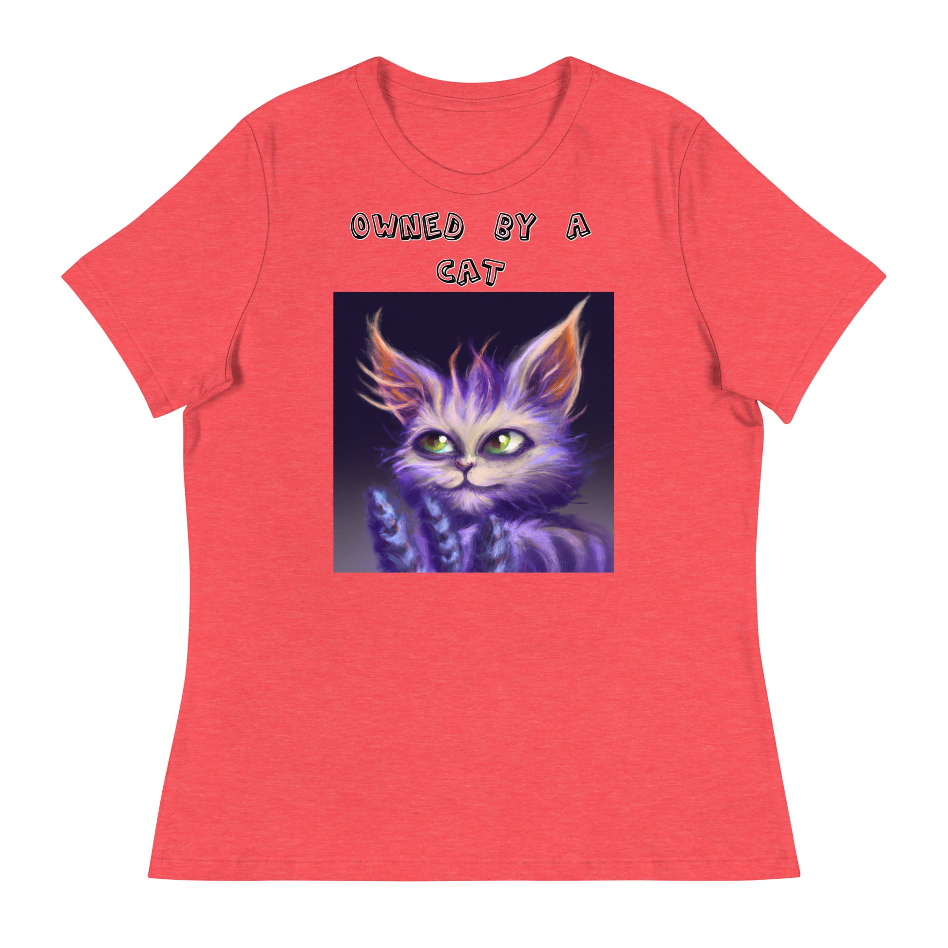 Women's White T-Shirt with Purple Alien Cat with a text "Owned by a Cat" at $25.97 found at Personalizedpetlovergifts