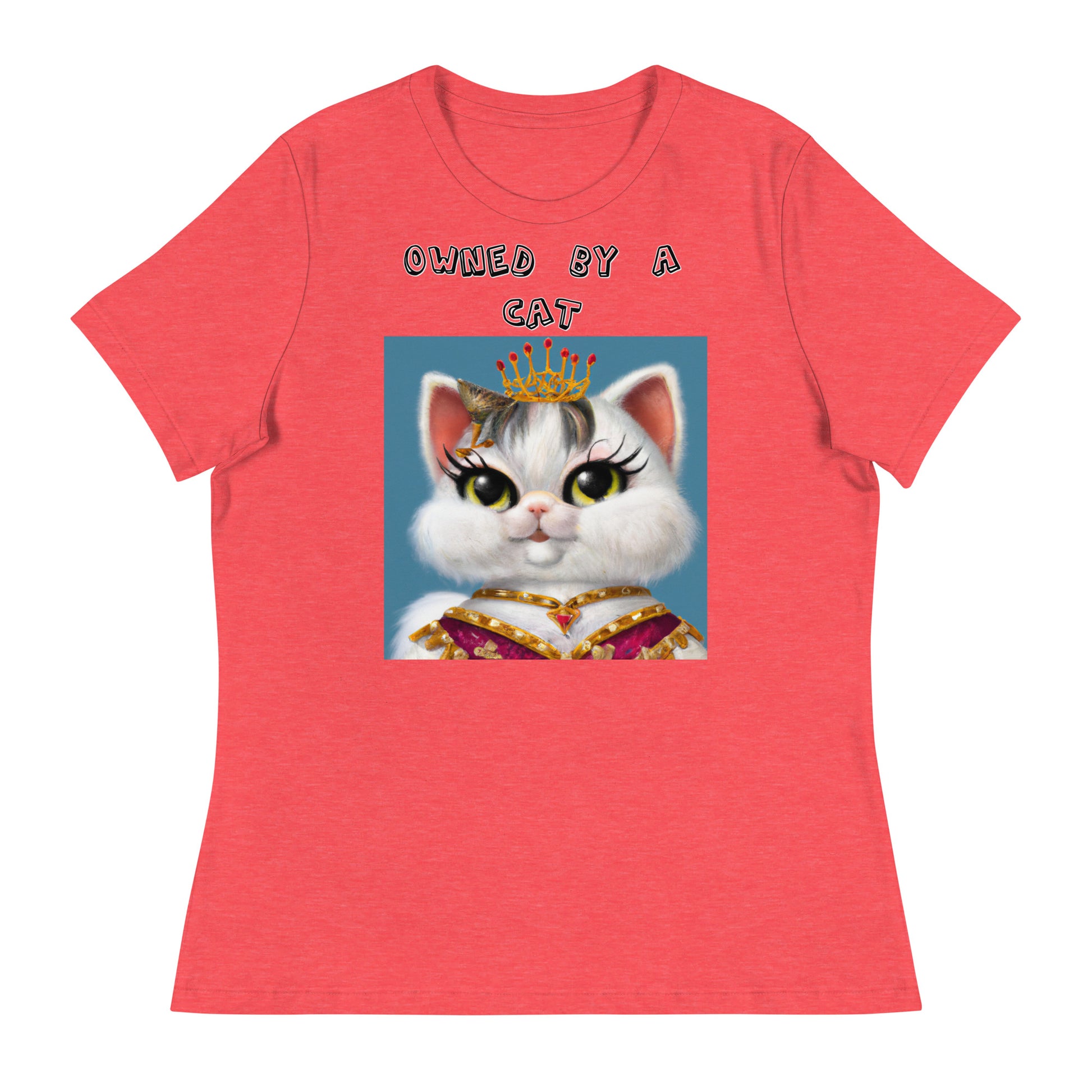 Women's White T-Shirt with Pretty Queen Cat with a text "Owned by a Cat" at $25.97 found at Personalizedpetlovergifts