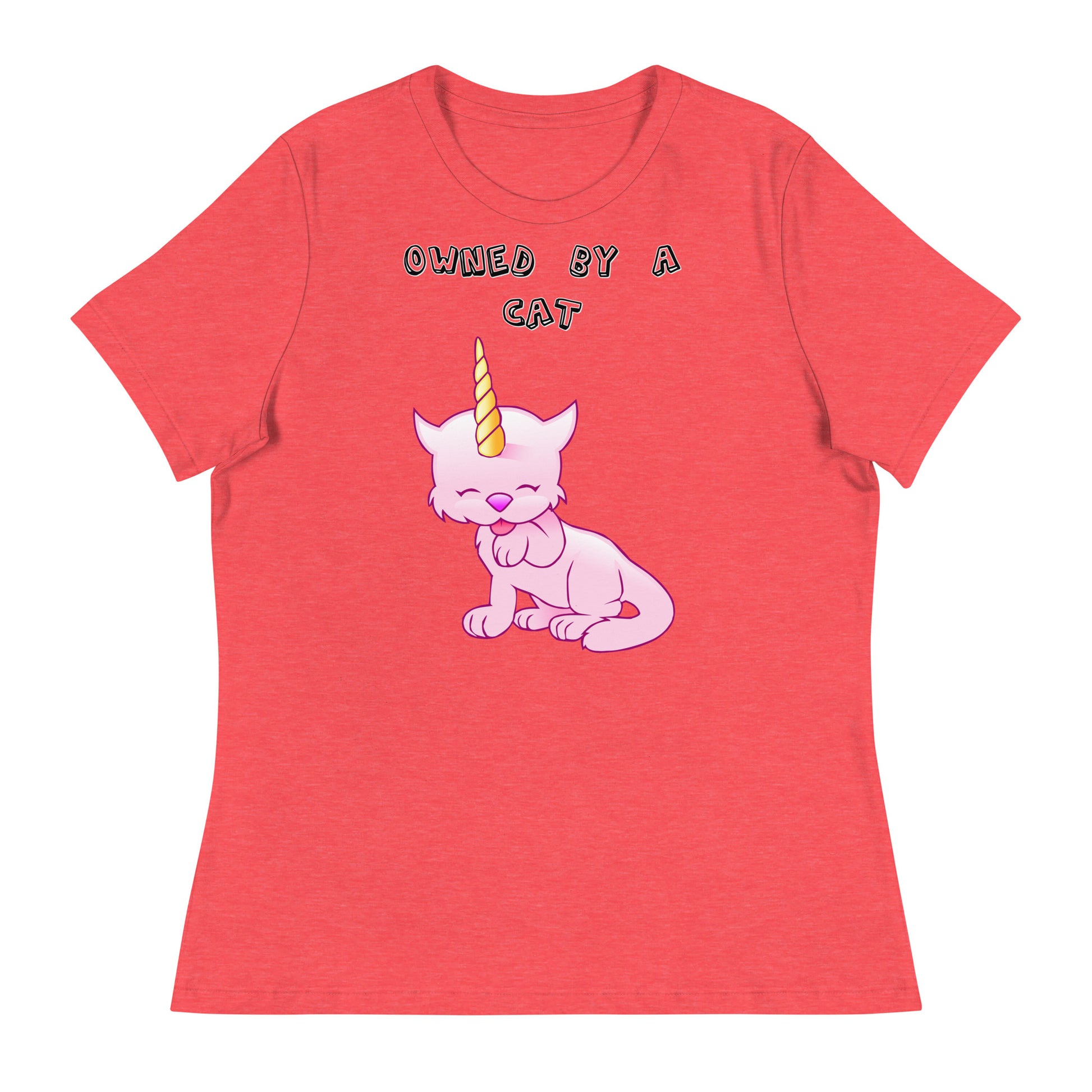 Women's White T-Shirt with Pink Unicorn Cat Licking Its Paw with a text "Owned by a Cat" at $25.97 found at Personalizedpetlovergifts