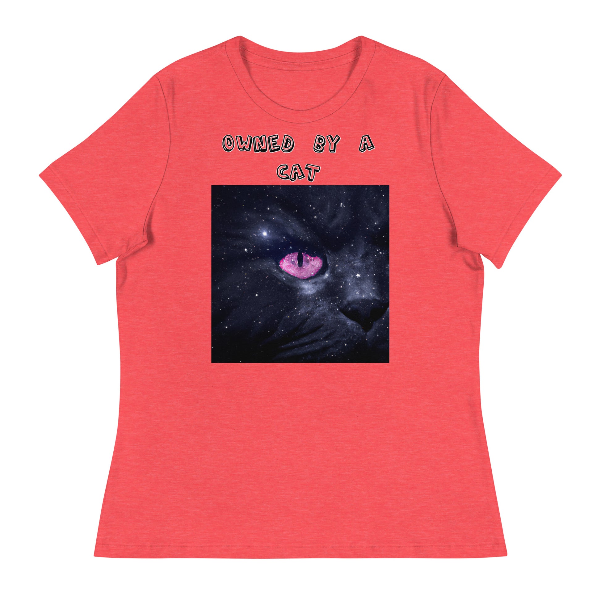 Women's White T-Shirt with Pink Galaxy Eyed Cat with a text "Owned by a Cat" at $25.97 found at Personalizedpetlovergifts