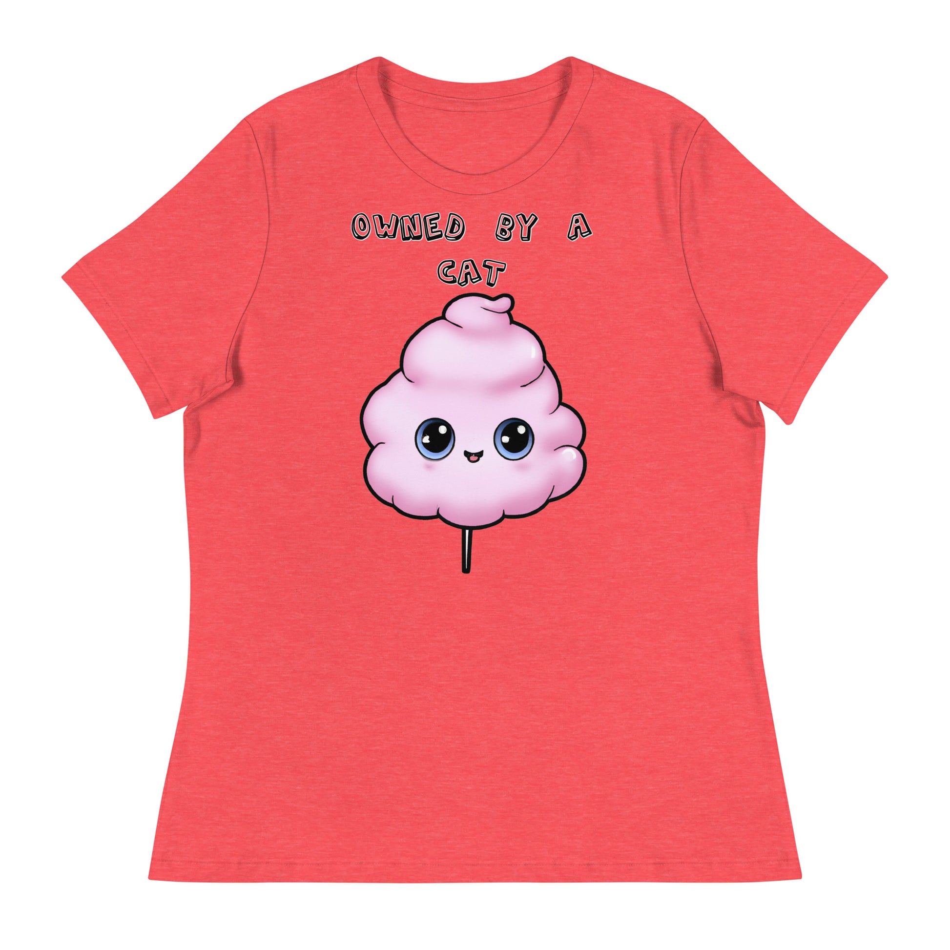 Women's White T-Shirt with Pink Cotton Candy With Cute Eyes with a text "Owned by a Cat" at $25.97 found at Personalizedpetlovergifts