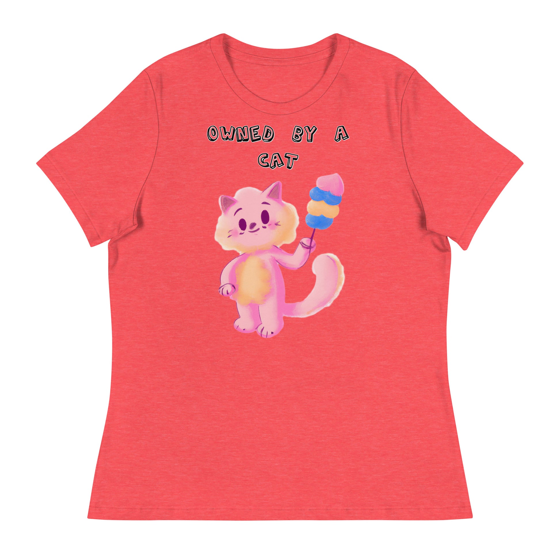 Women's White T-Shirt with Pink Cat With Cotton Candy with a text "Owned by a Cat" at $25.97 found at Personalizedpetlovergifts