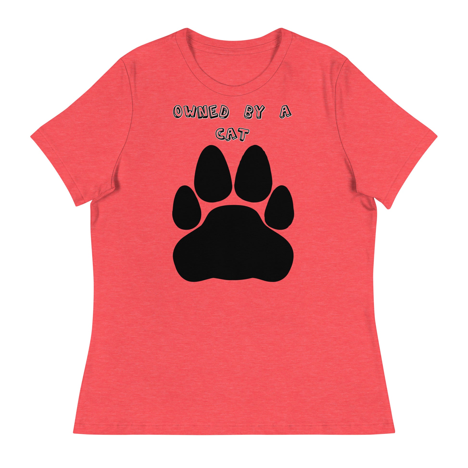 Women's White T-Shirt with Paw with a text "Owned by a Cat" at $25.97 found at Personalizedpetlovergifts