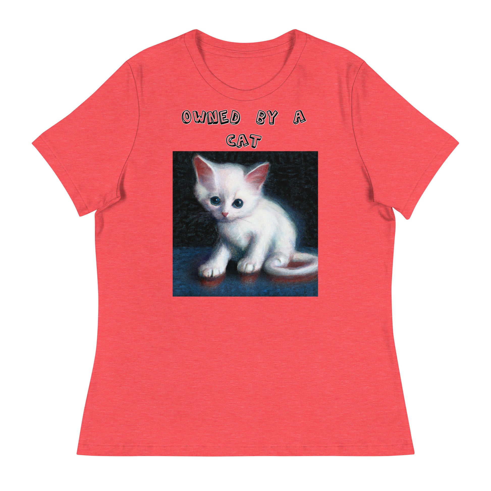 Women's White T-Shirt with Little Kitten with a text "Owned by a Cat" at $25.97 found at Personalizedpetlovergifts