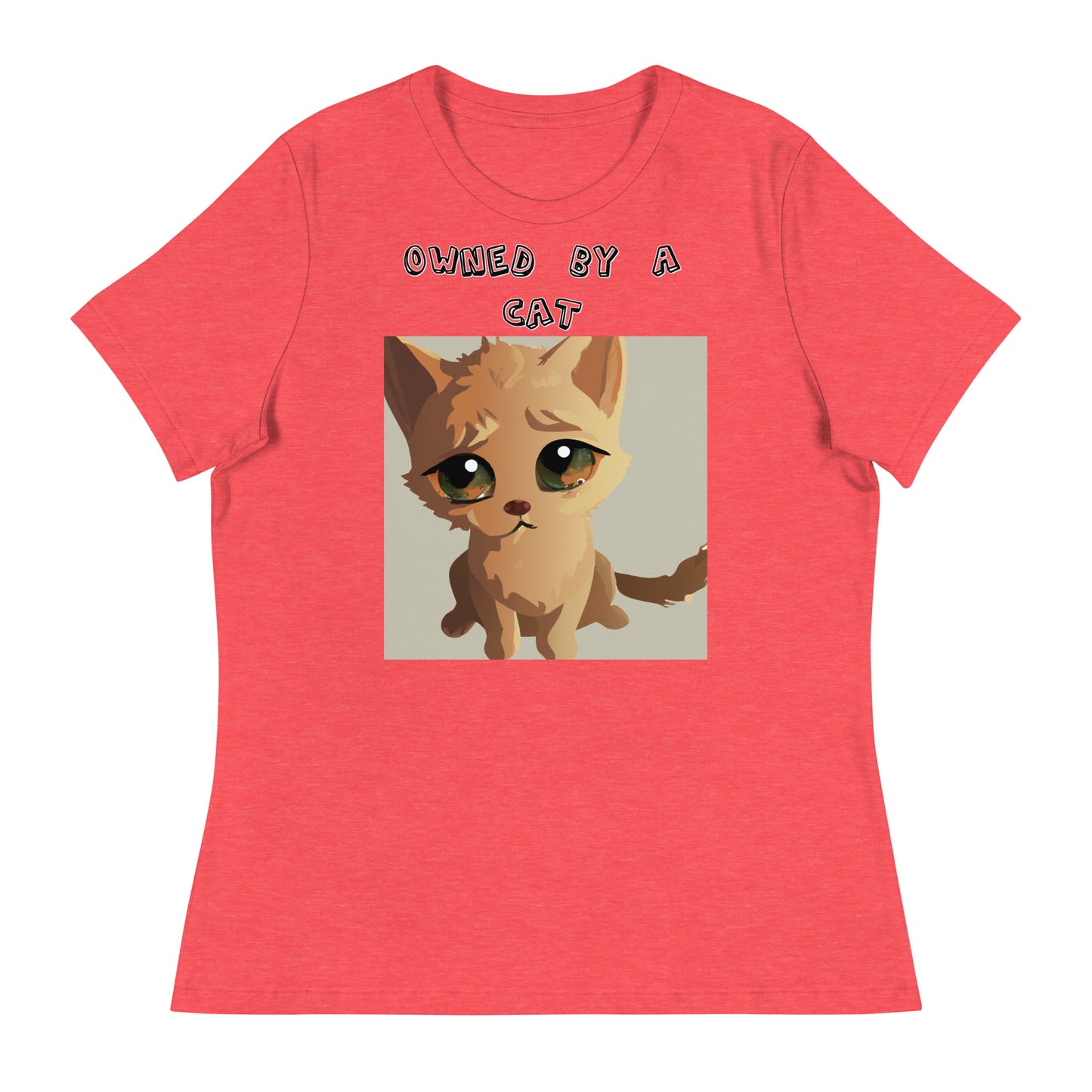 Women's White T-Shirt with Kitten With Sad Eyes with a text "Owned by a Cat" at $25.97 found at Personalizedpetlovergifts