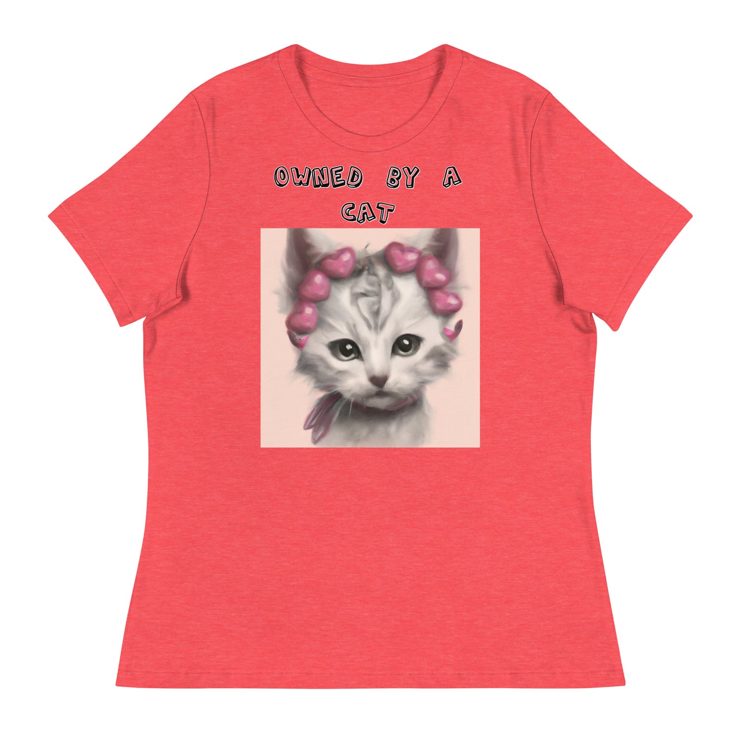 Women's White T-Shirt with Kitten With Heart Headband with a text "Owned by a Cat" at $25.97 found at Personalizedpetlovergifts