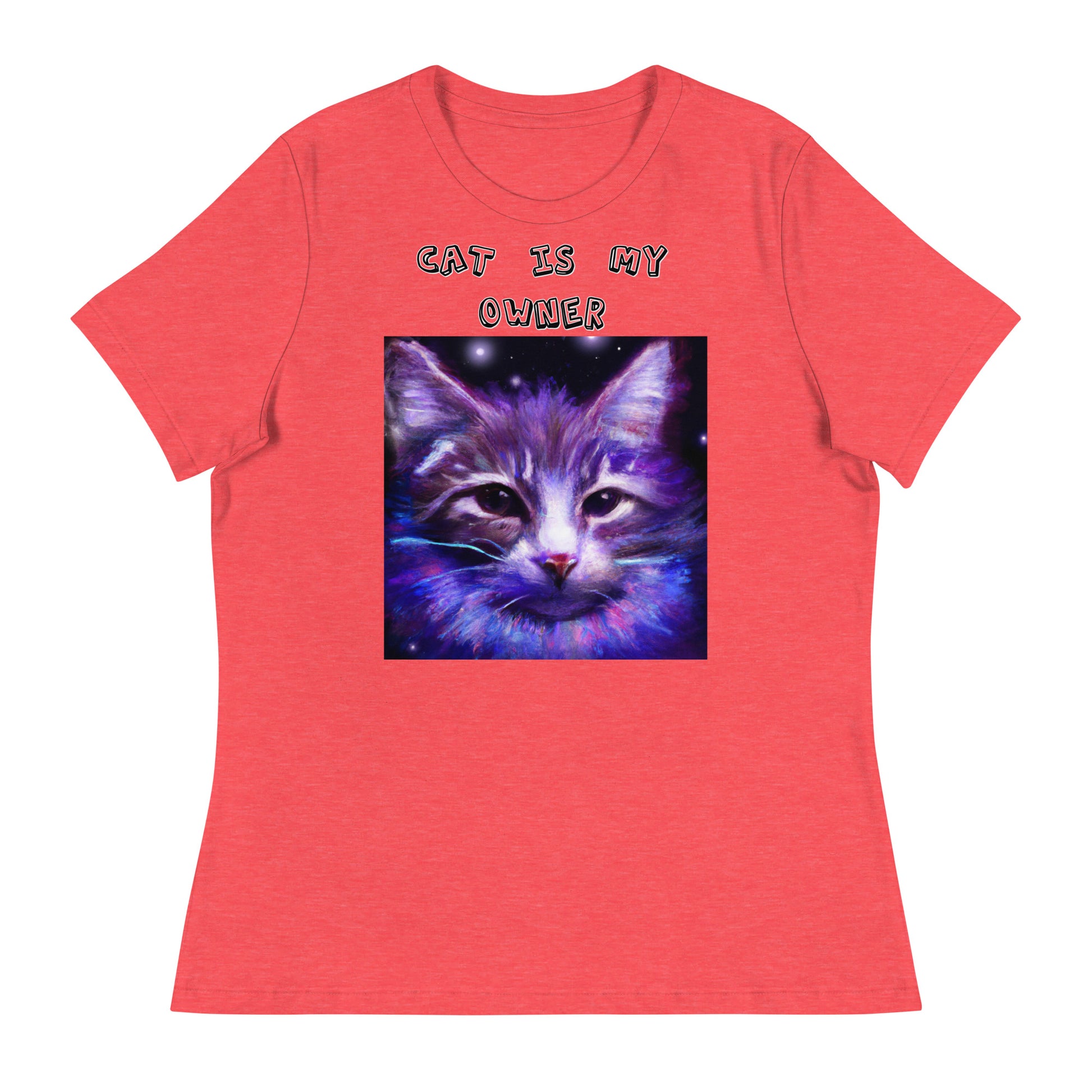 Women's White T-Shirt with Purple Space Cat with a text "Cat Is My Owner" at $25.97 found at Personalizedpetlovergifts