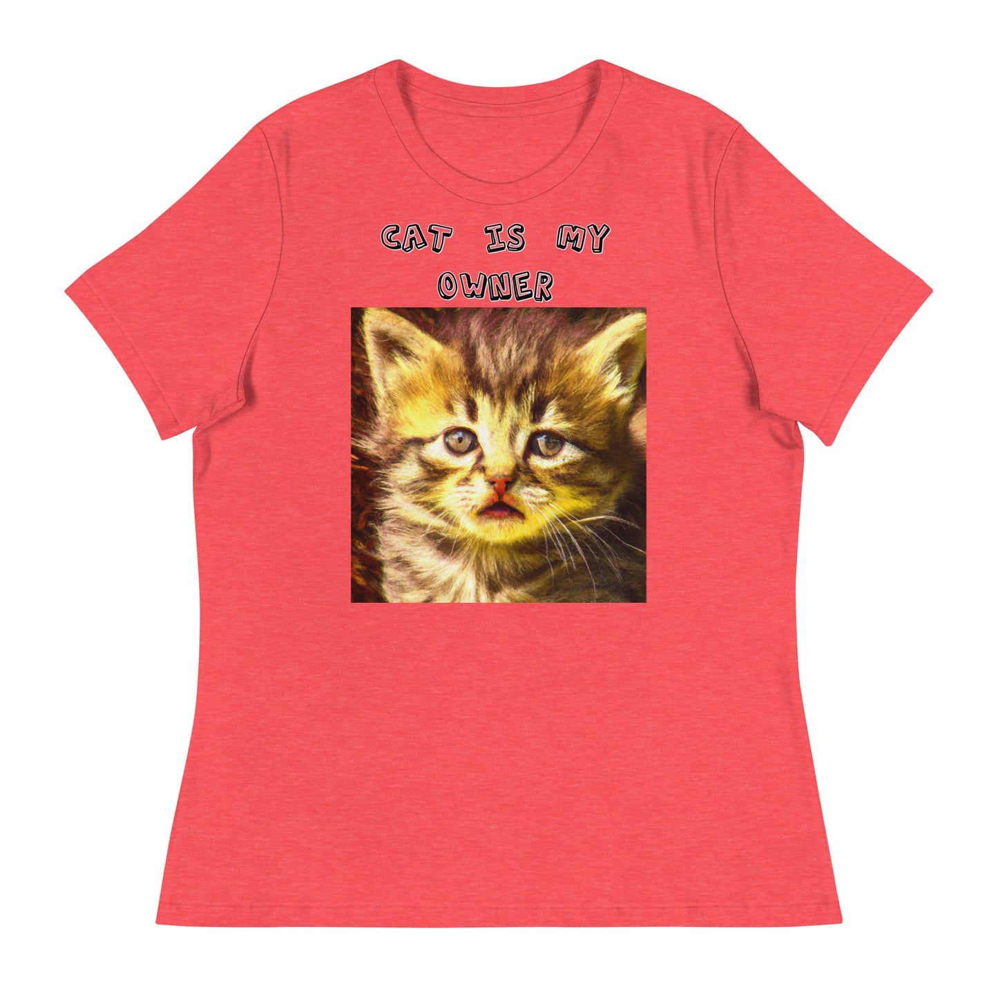 Women's White T-Shirt with Portrait Of a Fluffy Kitten with a text "Cat Is My Owner" at $25.97 found at Personalizedpetlovergifts