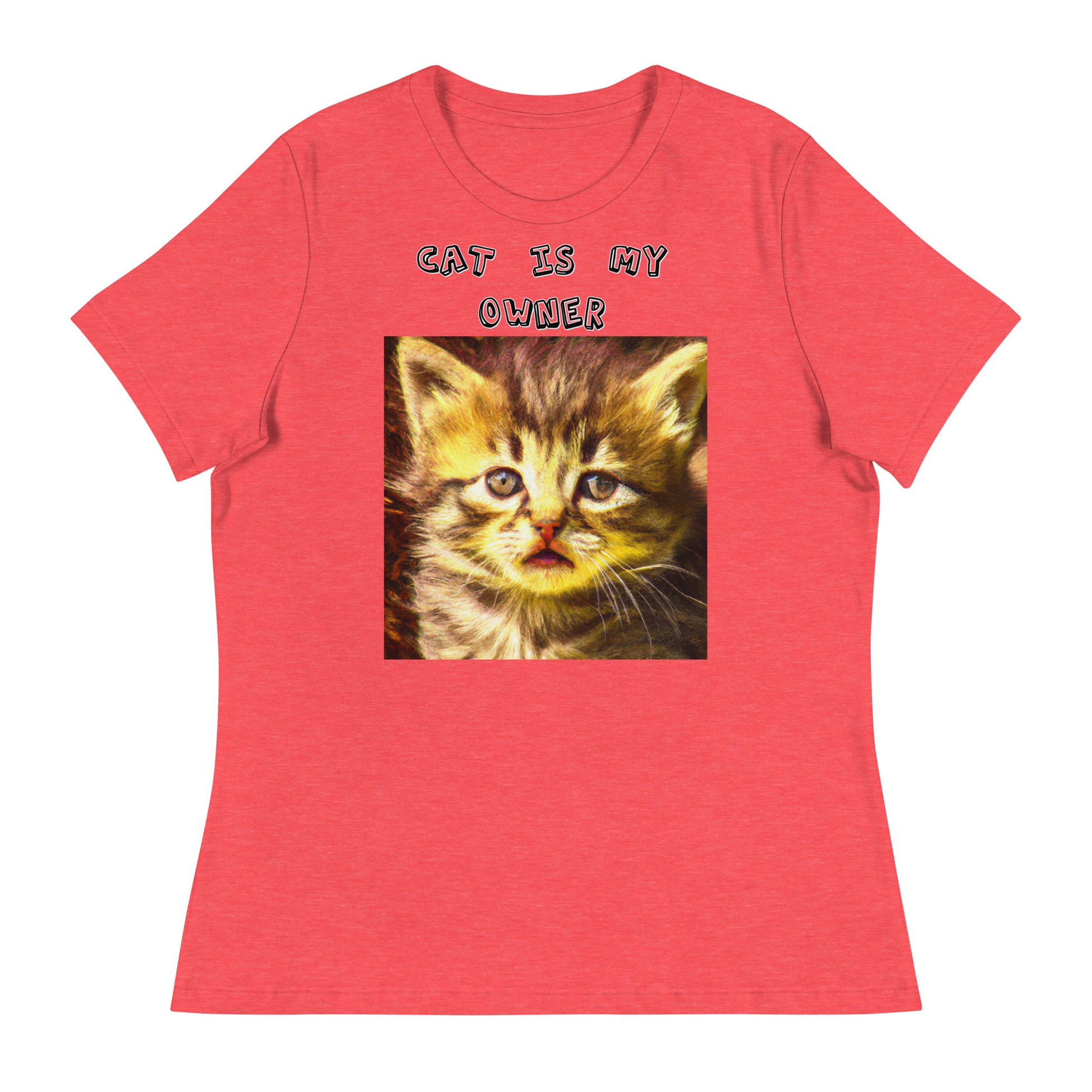 Women's White T-Shirt with Portrait Of a Fluffy Kitten with a text "Cat Is My Owner" at $25.97 found at Personalizedpetlovergifts