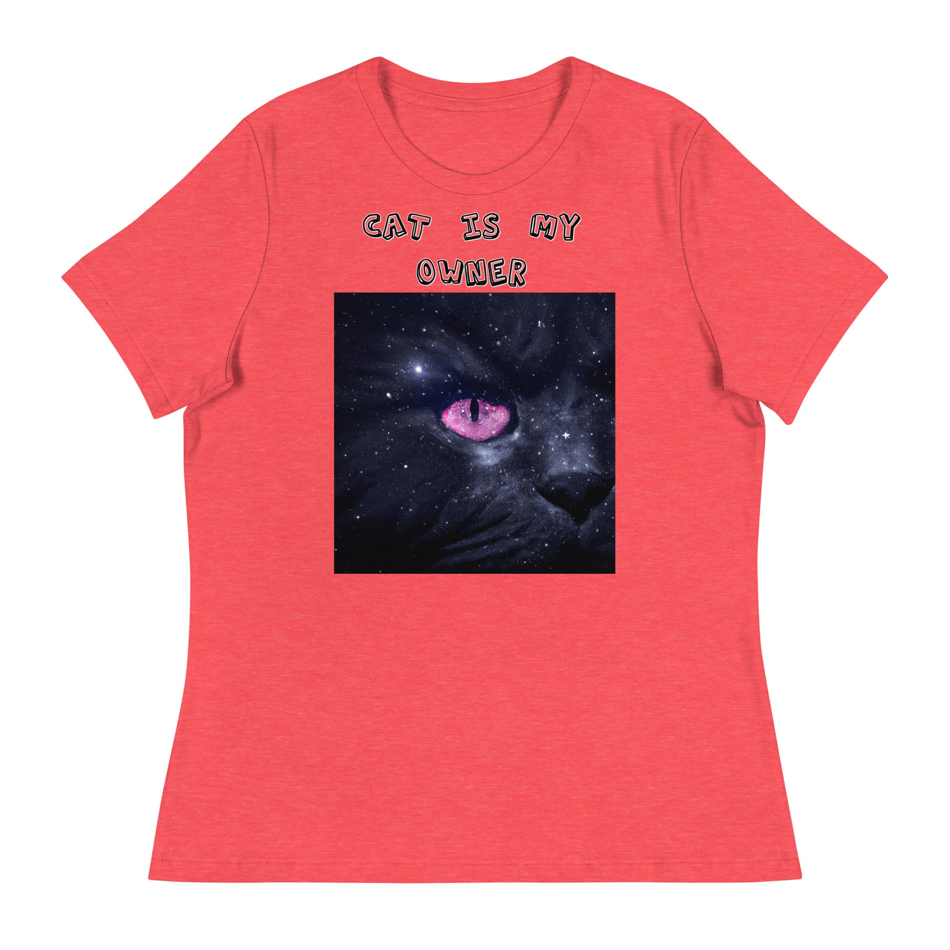 Women's White T-Shirt with Pink Galaxy Eyed Cat with a text "Cat Is My Owner" at $25.97 found at Personalizedpetlovergifts