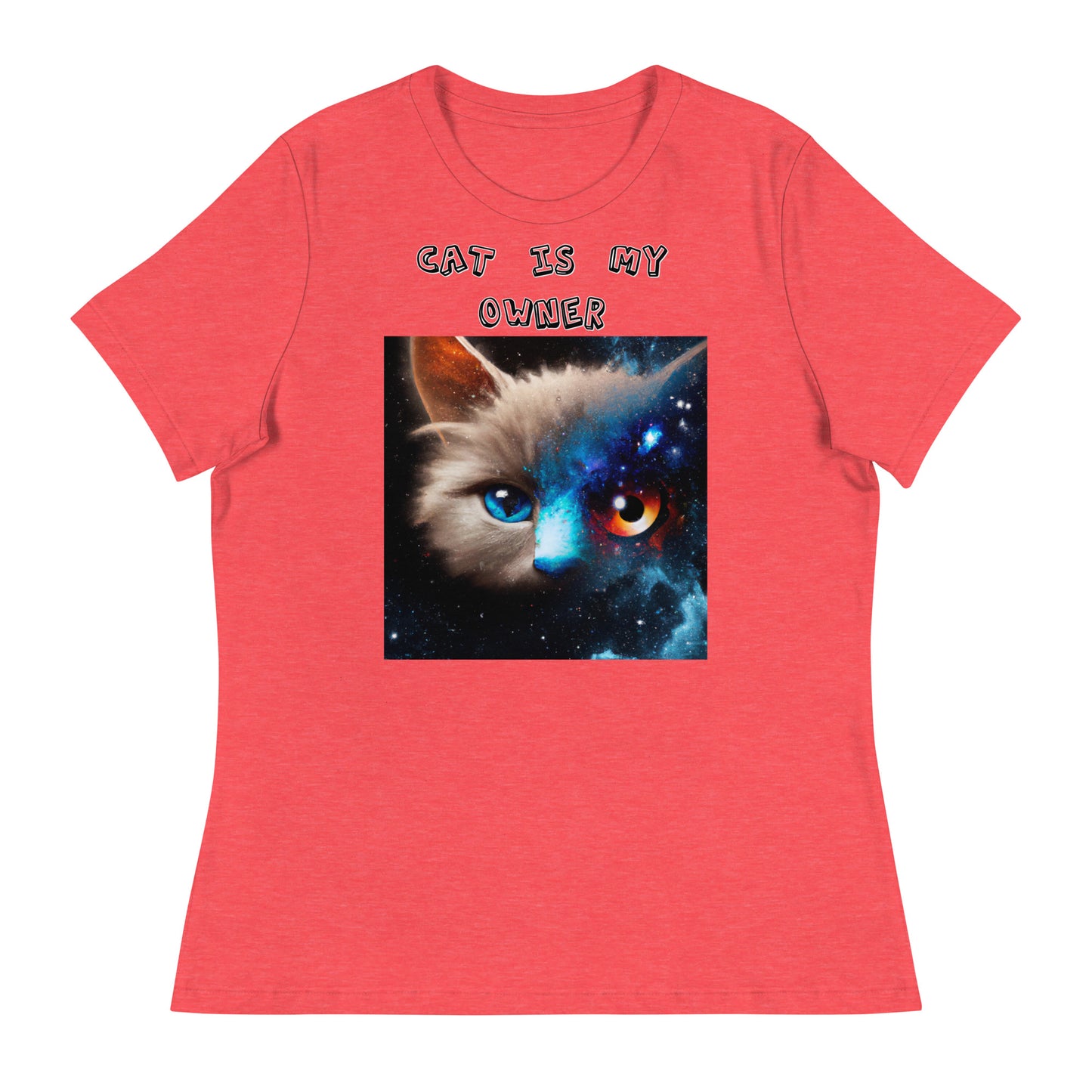 Women's White T-Shirt with Multi Colored Eyed Cat with a text "Cat Is My Owner" at $25.97 found at Personalizedpetlovergifts