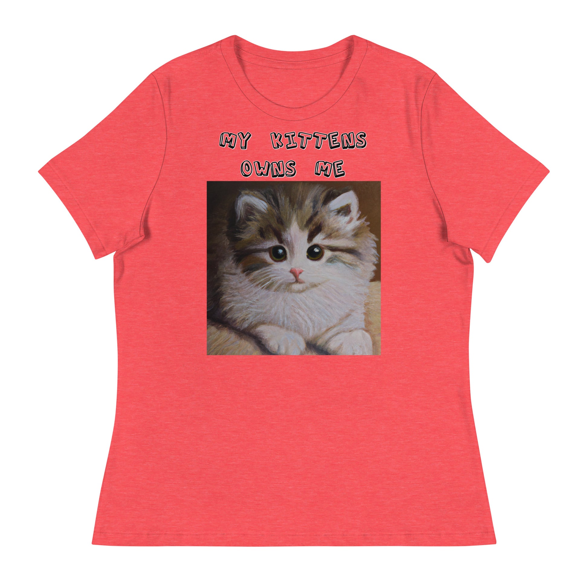 Women's White T-Shirt with Small Fluffy Kitten Painting with a text "My Kittens Own Me" at $25.97 found at Personalizedpetlovergifts