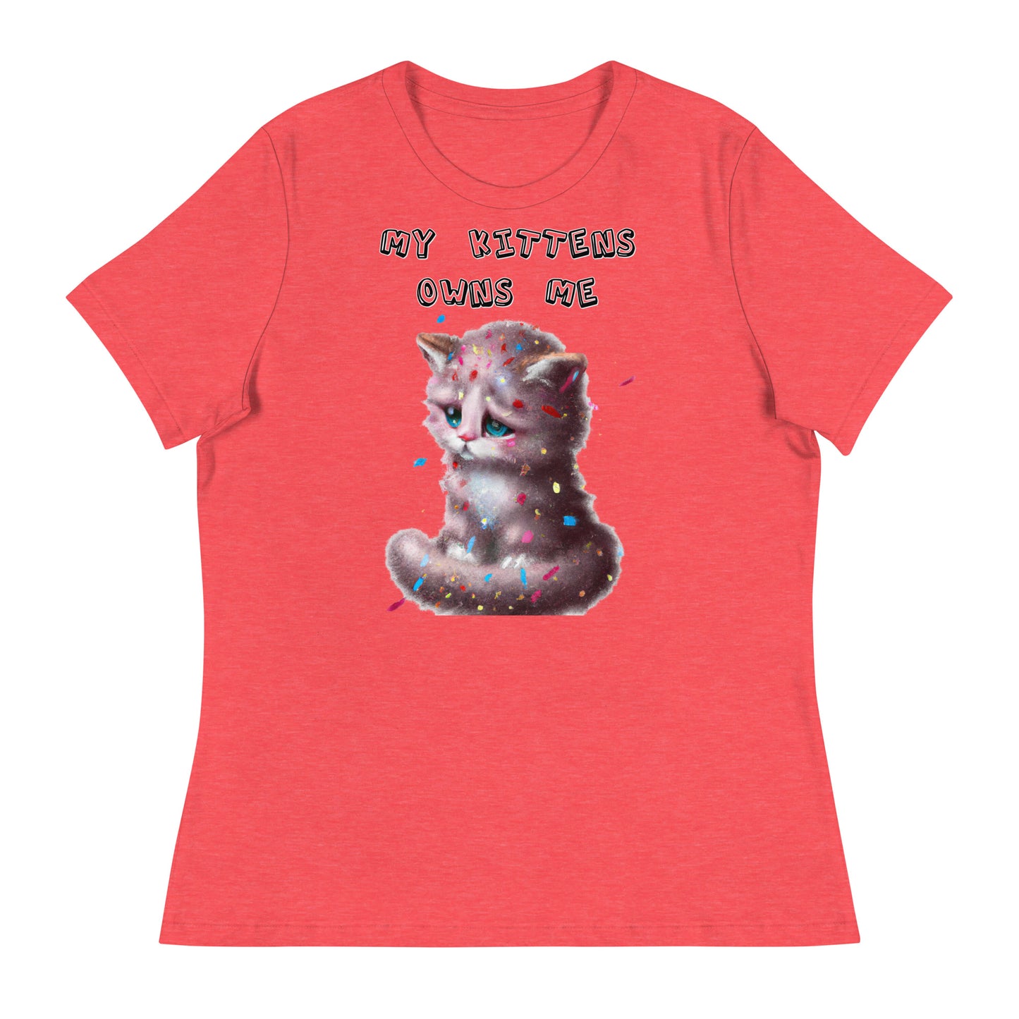 Women's White T-Shirt with Sad Kitten With Confetti with a text "My Kittens Own Me" at $25.97 found at Personalizedpetlovergifts