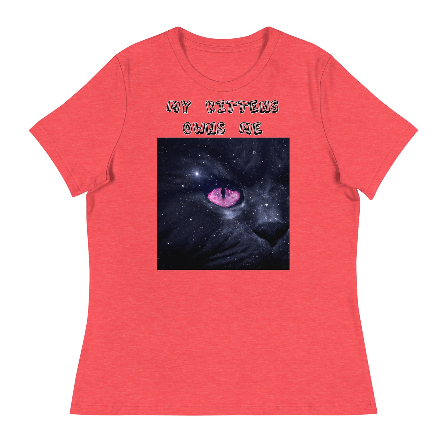 Women's White T-Shirt with Pink Galaxy Eyed Cat with a text "My Kittens Own Me" at $25.97 found at Personalizedpetlovergifts