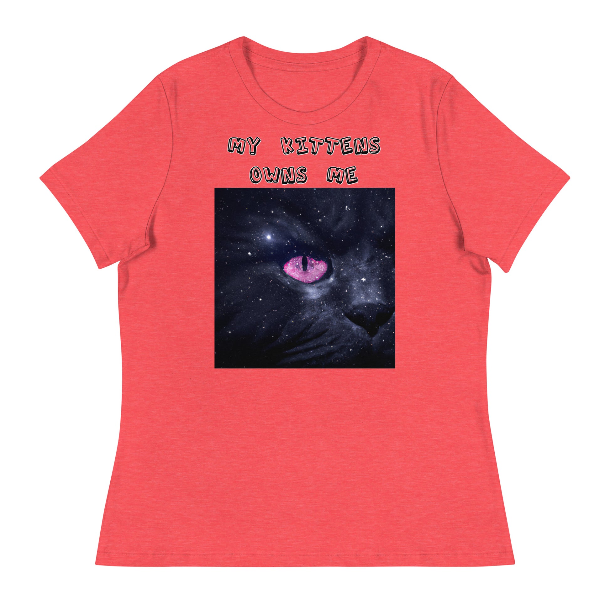 Women's White T-Shirt with Pink Galaxy Eyed Cat with a text "My Kittens Own Me" at $25.97 found at Personalizedpetlovergifts