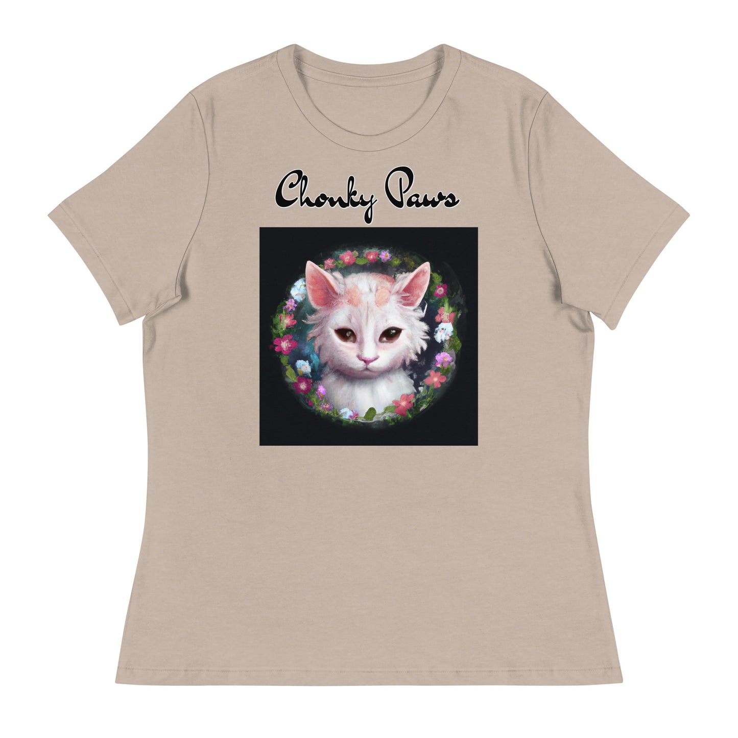 Women's T-Shirt with Kitten In a Floral Circle with a text "Chonky Paws" at $25.97 found at Personalizedpetlovergifts