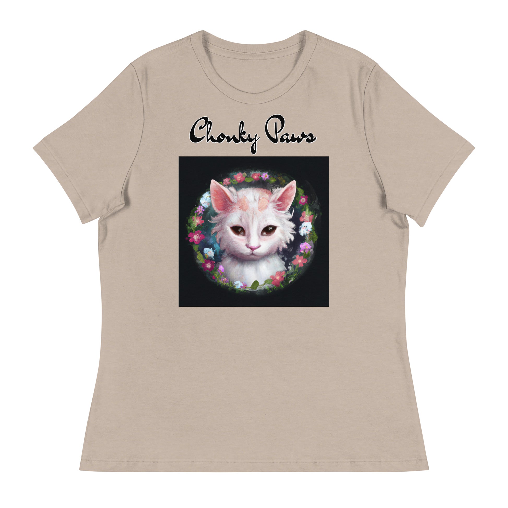 Women's T-Shirt with Kitten In a Floral Circle with a text "Chonky Paws" at $25.97 found at Personalizedpetlovergifts