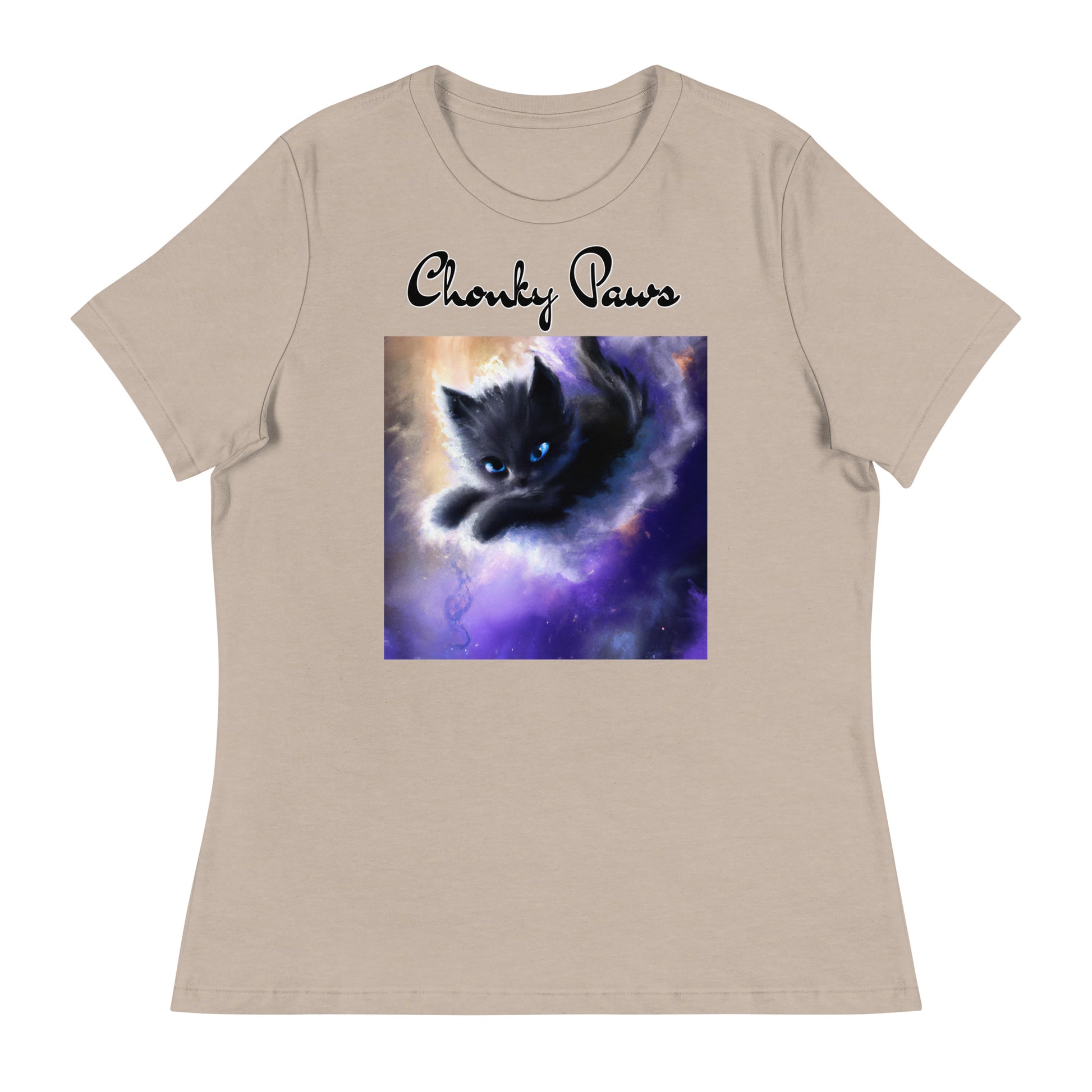 Women's T-Shirt with Kitten In A Cosmic Cloud with a text "Chonky Paws" at $25.97 found at Personalizedpetlovergifts