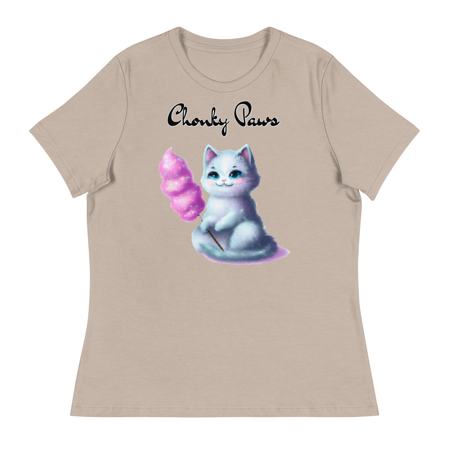 Women's T-Shirt with Kitten Holding A Cotton Candy with a text "Chonky Paws" at $25.97 found at Personalizedpetlovergifts