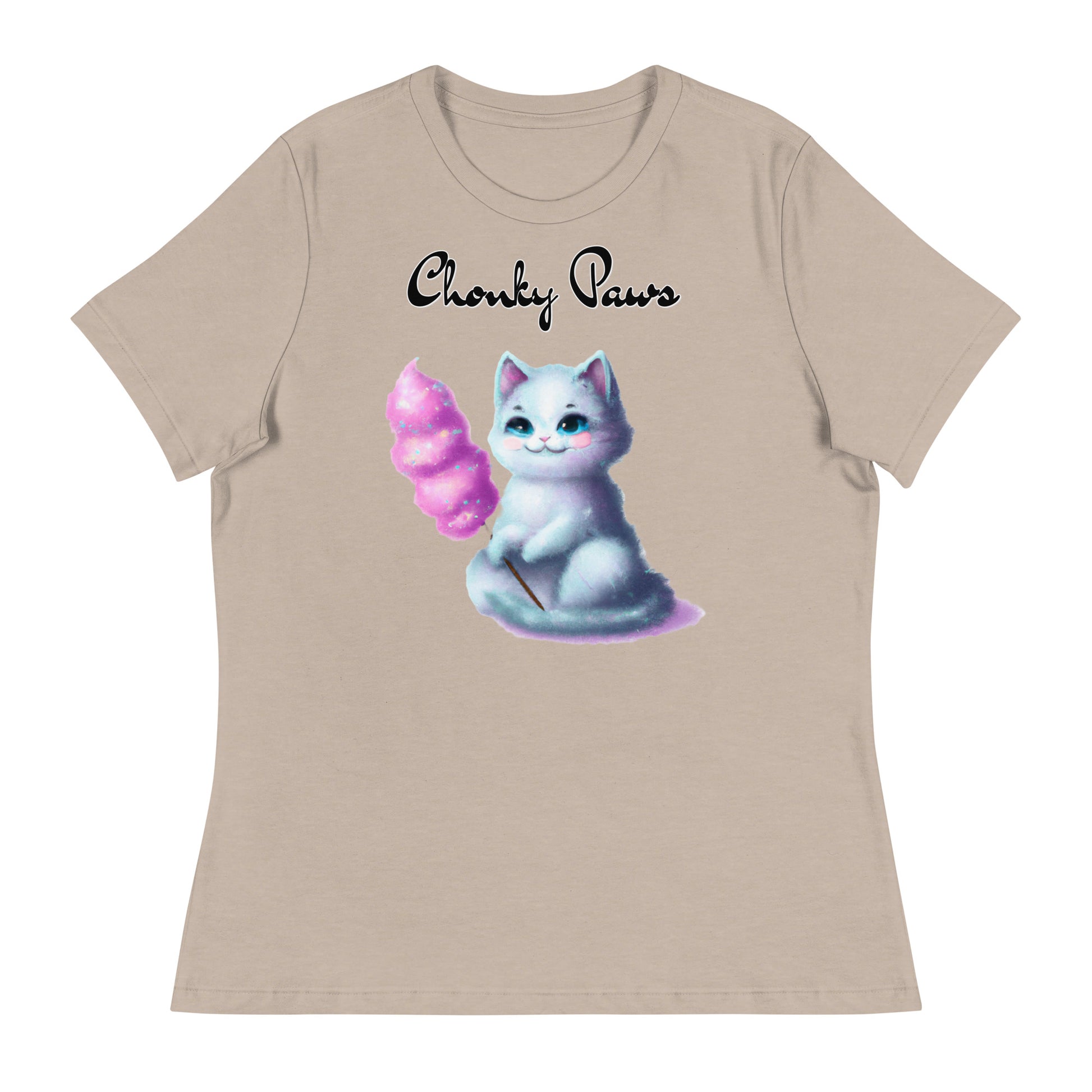 Women's T-Shirt with Kitten Holding A Cotton Candy with a text "Chonky Paws" at $25.97 found at Personalizedpetlovergifts