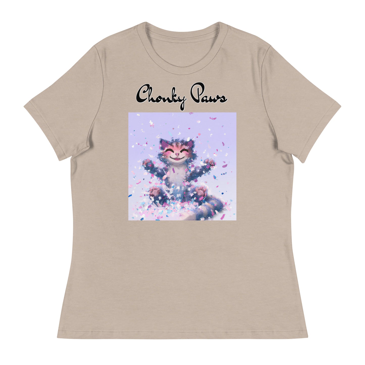 Women's T-Shirt with Kitten Enjoying Confetti with a text "Chonky Paws" at $25.97 found at Personalizedpetlovergifts