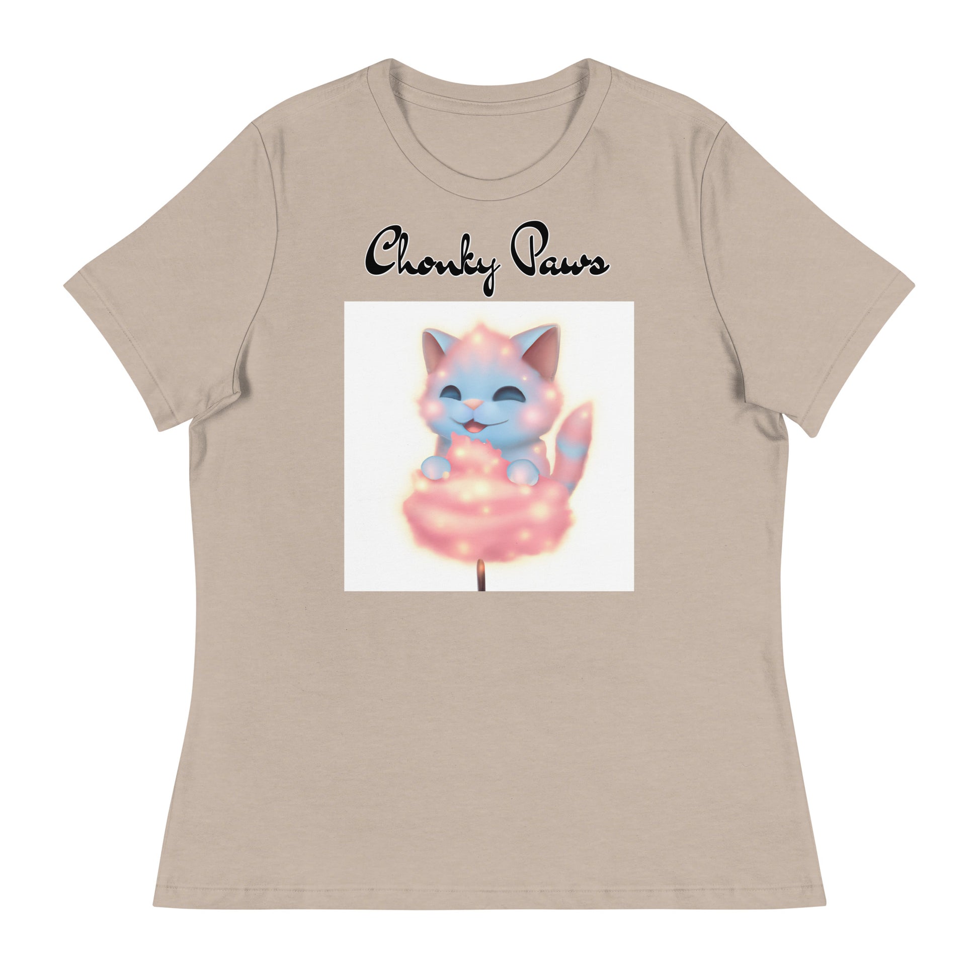 Women's T-Shirt with Kitten Enjoying a Cotton Candy with a text "Chonky Paws" at $25.97 found at Personalizedpetlovergifts