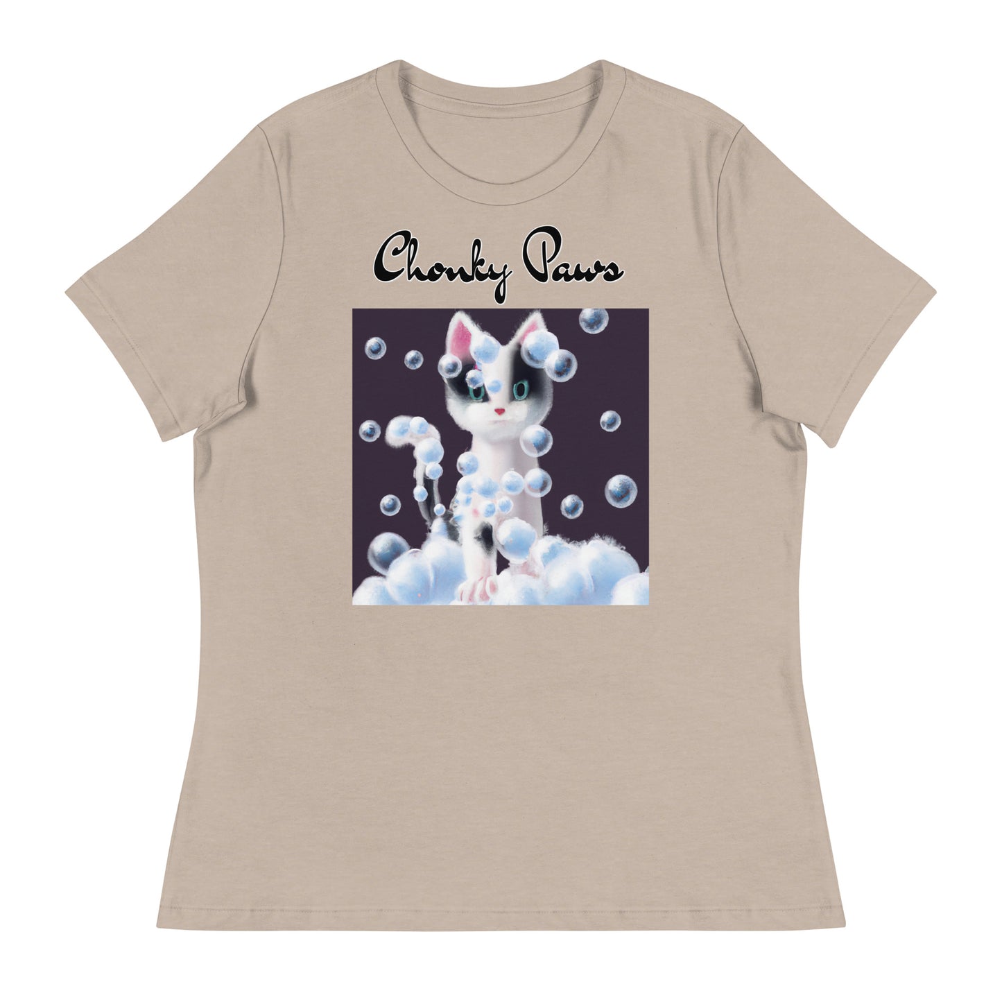 Women's T-Shirt with Kitten Covered In Bubbles with a text "Chonky Paws" at $25.97 found at Personalizedpetlovergifts